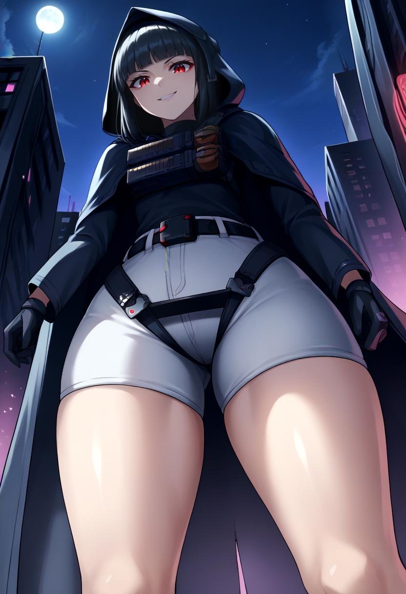 score_9, score_8_up, score_7_up, source_anime BREAK 1girl, solo, <lora:d-nikke-richy-v1_pdxl:0.8> ddef, black hair, blunt bangs, red eyes, hooded cloak, grey shorts, tactical clothes, gloves, long sleeves, belt, standing, wide hips, thighs, smile, smirk, looking down, from below, city, dark, darkness, night, night sky, science fiction