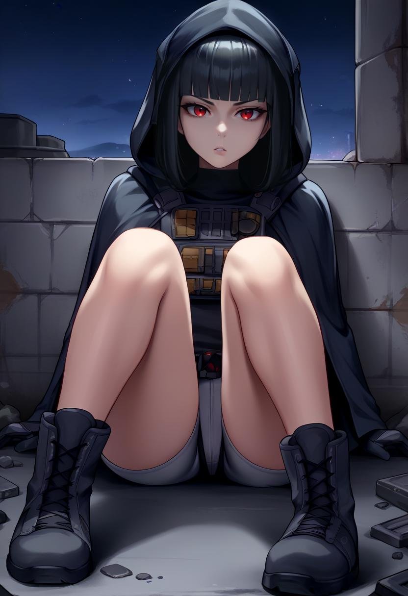 score_9, score_8_up, score_7_up, source_anime BREAK 1girl, solo, <lora:d-nikke-richy-v1_pdxl:0.8> ddef, black hair, blunt bangs, red eyes, hooded cloak, grey shorts, tactical clothes, gloves, long sleeves, belt, sitting, knees up, combat boots, concrete, night, dark, darkness, night sky, looking at viewer, serious, parted lips, post-apocalypse, <lora:kittew-artist-richy-v1_pdxl:0.8> 