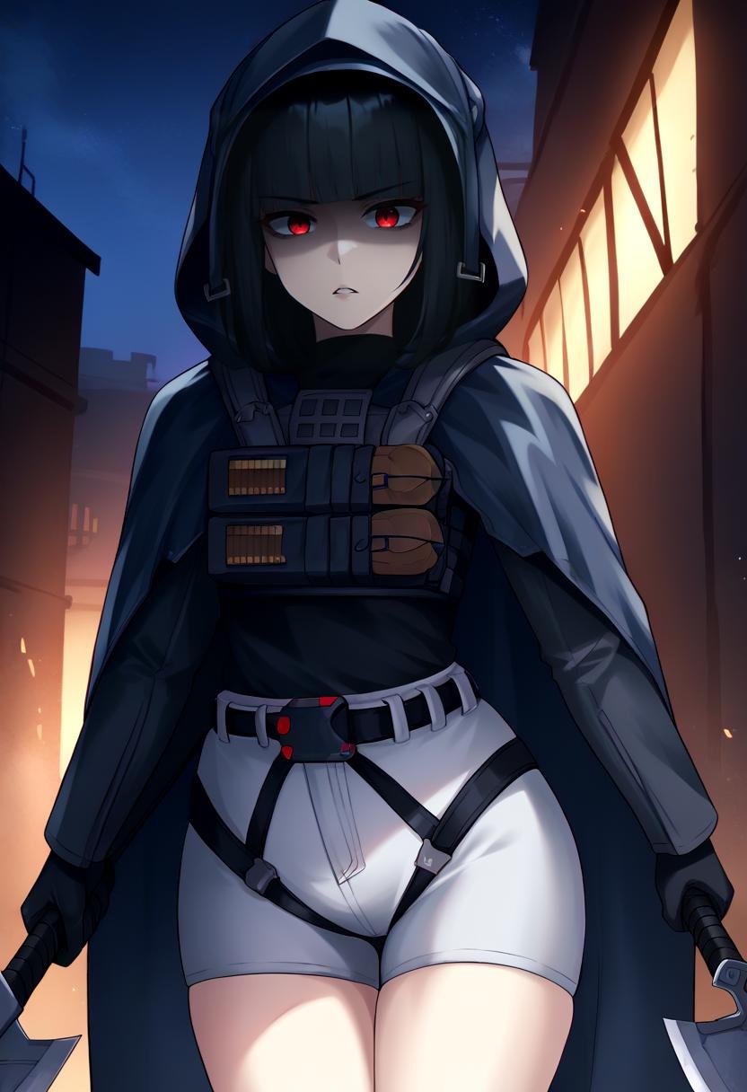 score_9, score_8_up, score_7_up, source_anime BREAK 1girl, solo, <lora:d-nikke-richy-v1_pdxl:1> ddef, black hair, blunt bangs, red eyes, hooded cloak, grey shorts, tactical clothes, gloves, long sleeves, belt, standing, hand axe, wide hips, thighs, serious, shaded face, parted lips, dark, darkness, night, night sky