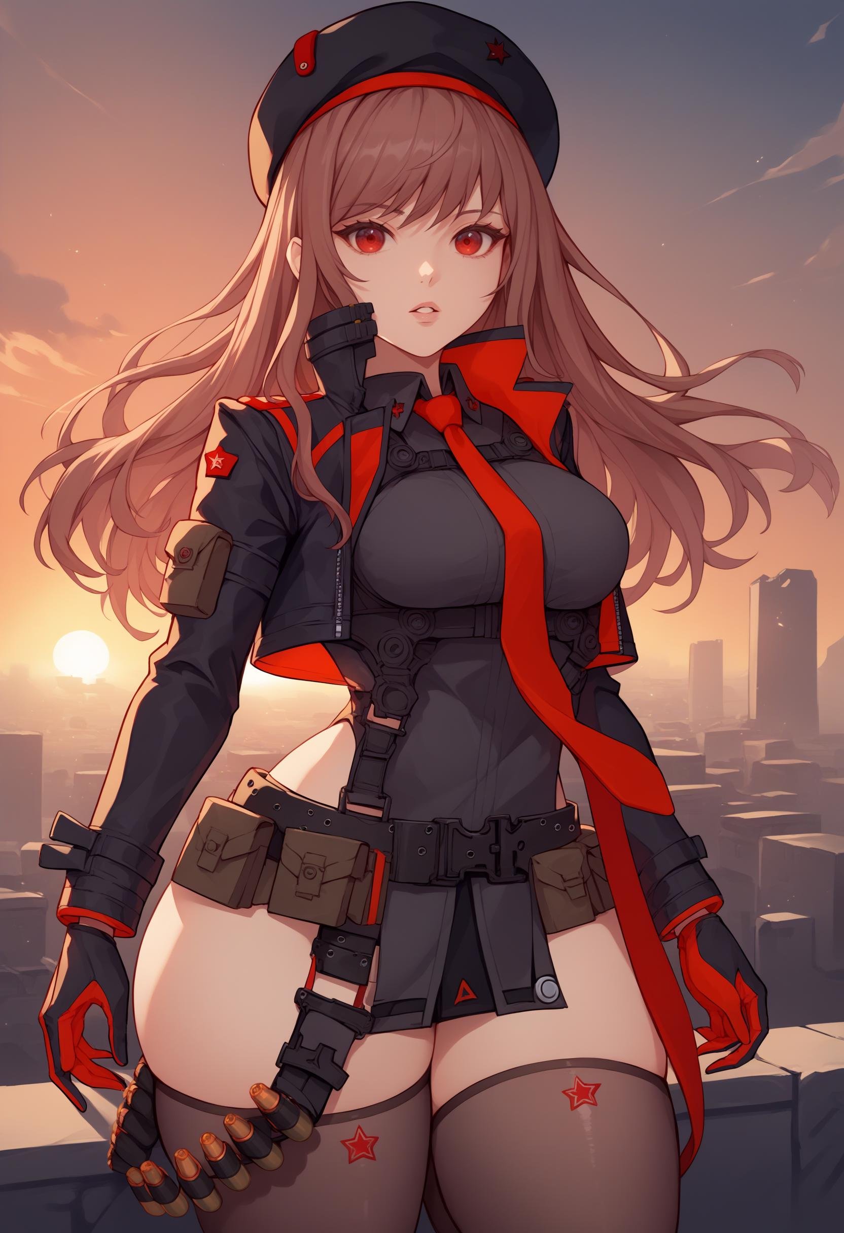 score_9, score_8_up, score_7_up, source_anime BREAK 1girl, solo, standing, <lora:rapi-nikke-richy-v1_pdxl:1> rapidef, red eyes, brown hair, long hair, bangs, beret, black jacket, cropped jacket, red necktie, gloves, black shirt, belt, thighhighs, thick thighs, looking at viewer, parted lips, ammunition pouch, ammunition belt, breasts, sunset, city, science fiction, post-apocalypse, ruins