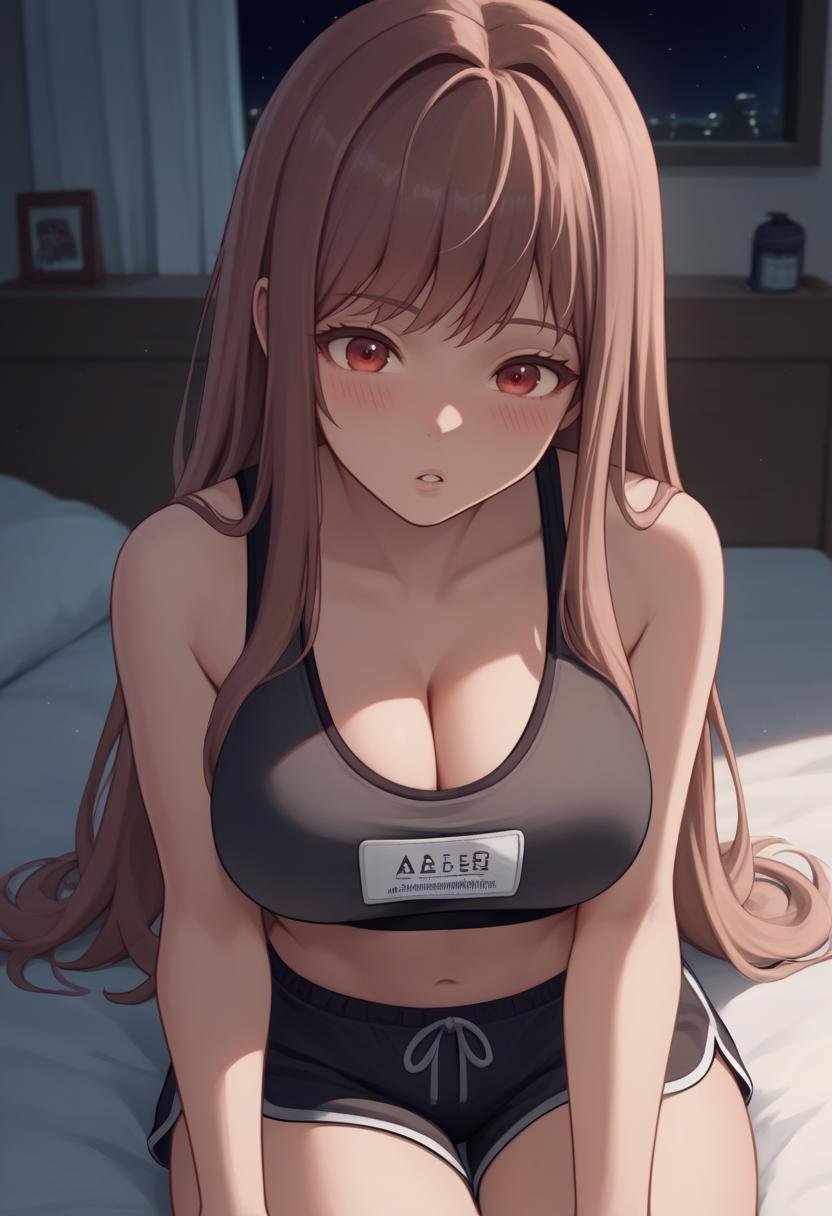 score_9, score_8_up, score_7_up, source_anime BREAK 1girl, solo, <lora:rapi-nikke-richy-v1_pdxl:0.9> rapidef, red eyes, brown hair, long hair, bangs, pov, sports bra, sleepwear, pajamas, dolphin shorts, bed, bedroom, sitting, wariza, w-sitting, name tag, parted lips, blush, black background, night, dark, darkness, cleavage