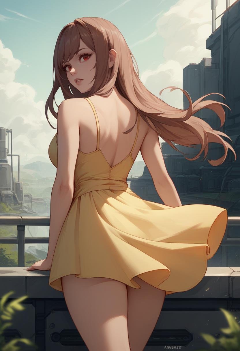 score_9, score_8_up, score_7_up, source_anime BREAK 1girl, solo, <lora:rapi-nikke-richy-v1_pdxl:0.8> rapirnd, red eyes, brown hair, long hair, bangs, outdoors, science fiction, post-apocalypse, yellow sundress, from behind, looking back, looking at viewer, parted lips, thighs