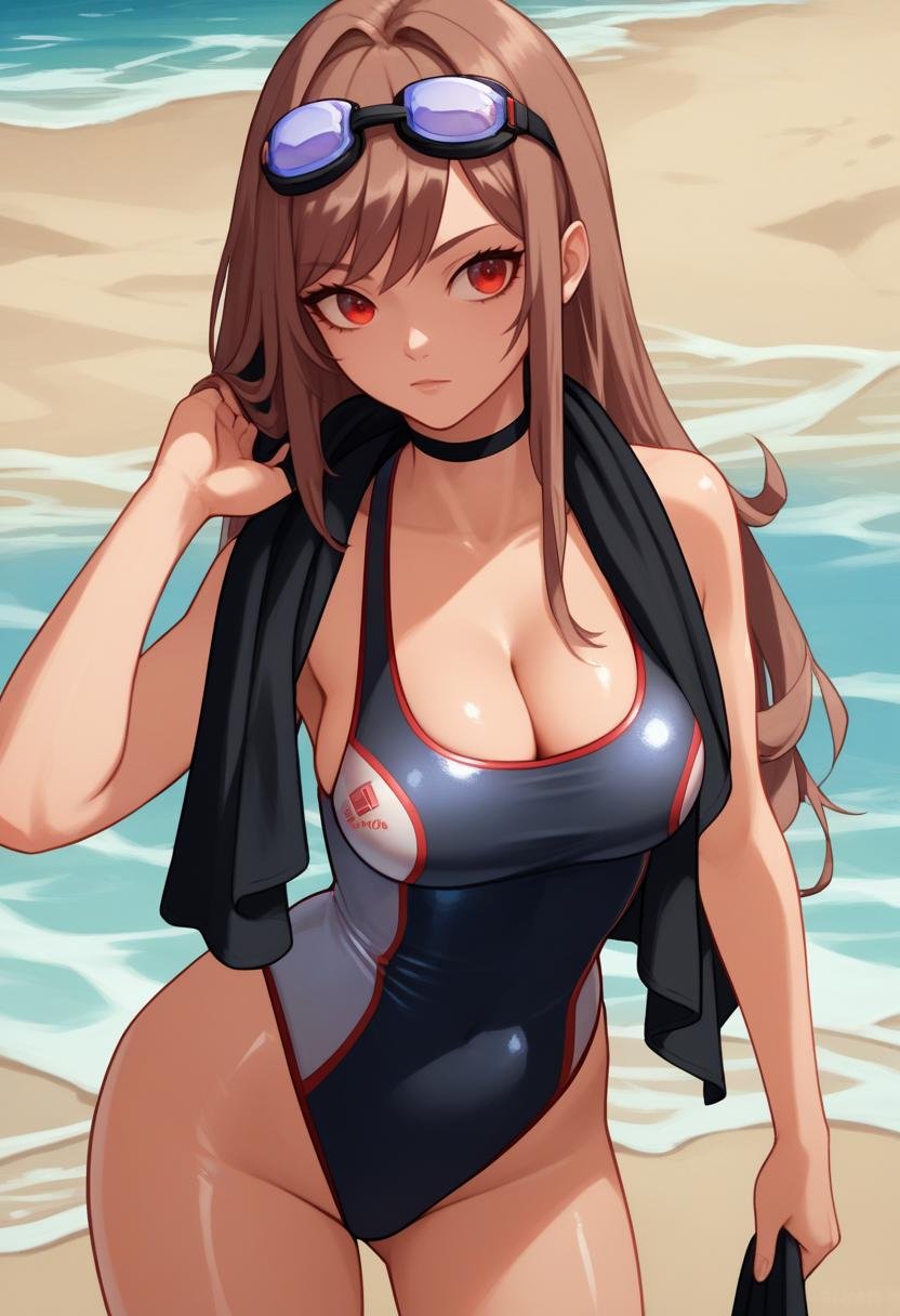 score_9, score_8_up, score_7_up, source_anime BREAK 1girl, solo, <lora:rapi-nikke-richy-v1_pdxl:0.9> rapiswim, red eyes, brown hair, long hair, bangs, goggles on head, one-piece swimsuit, choker, shiny skin, cleavage, breasts, beach, standing, towel around neck