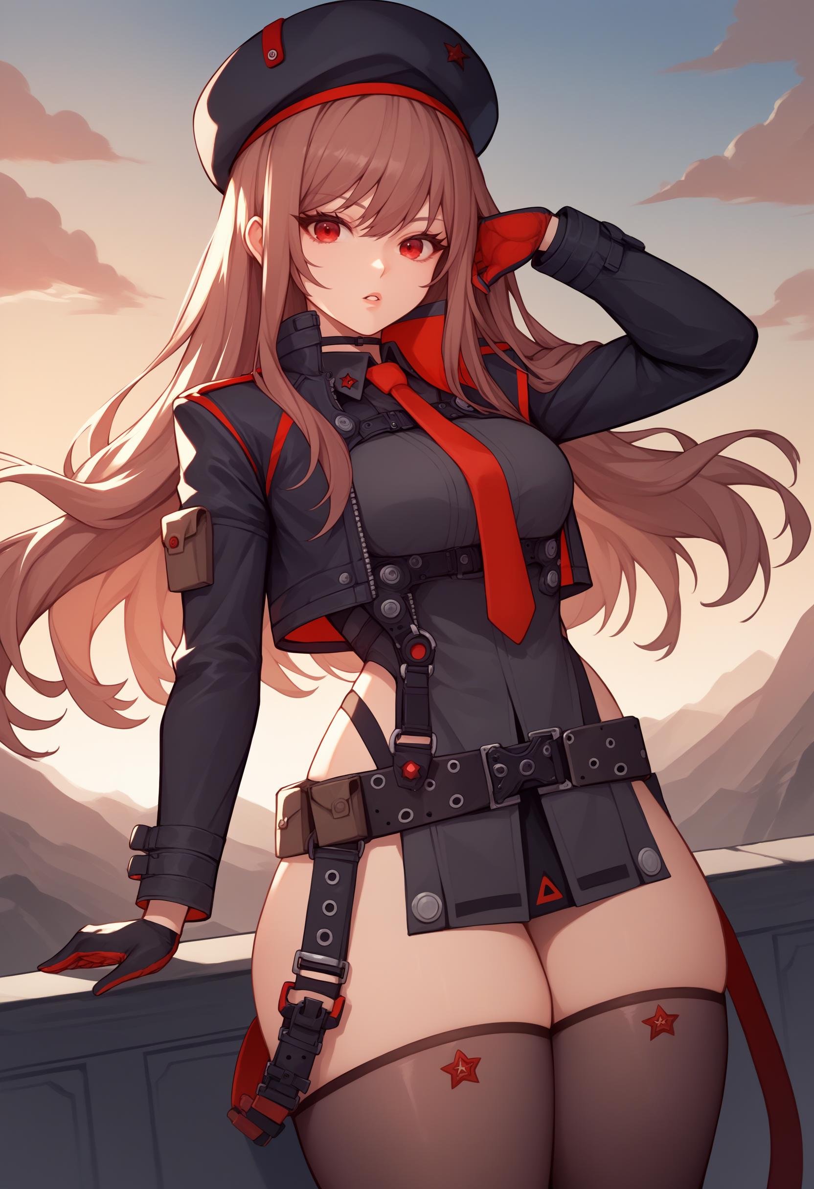 score_9, score_8_up, score_7_up, source_anime BREAK 1girl, solo, standing, <lora:rapi-nikke-richy-v1_pdxl:1> rapidef, red eyes, brown hair, long hair, bangs, beret, black jacket, cropped jacket, red necktie, gloves, black shirt, belt, thighhighs, thick thighs, looking at viewer, parted lips