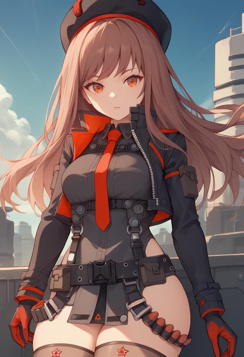 score_9, score_8_up, score_7_up, source_anime BREAK 1girl, solo, <lora:rapi-nikke-richy-v1_pdxl:1> rapidef, orange eyes, brown hair, long hair, bangs, beret, black jacket, cropped jacket, red necktie, gloves, belt, thighhighs, looking at viewer, science fiction, thighs, black shirt