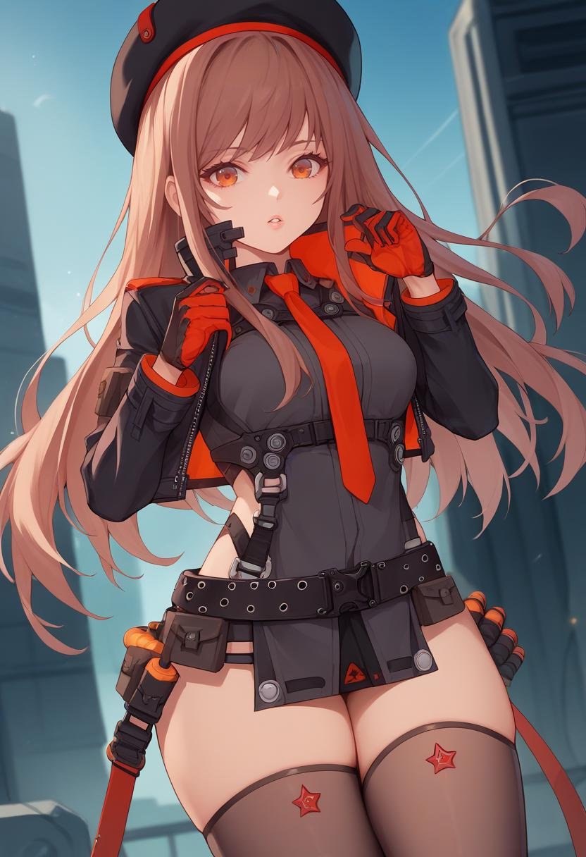 score_9, score_8_up, score_7_up, source_anime BREAK 1girl, solo, <lora:rapi-nikke-richy-v1_pdxl:1>  rapidef, orange eyes, brown hair, long hair, bangs, beret, black jacket, cropped jacket, red necktie, gloves, belt, thighhighs, parted lips, looking at viewer, science fiction, thighs