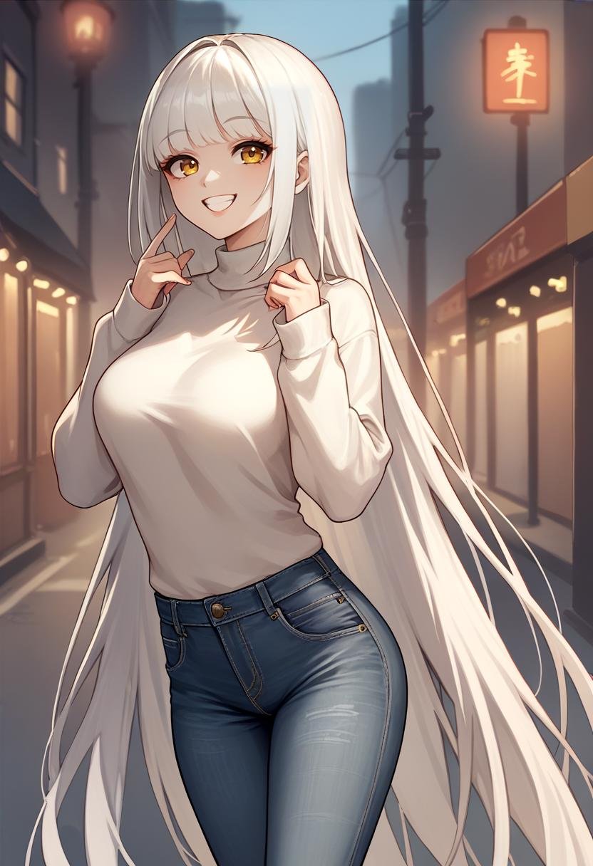 score_9, score_8_up, score_7_up, source_anime BREAK 1girl, solo, <lora:blanc-nikke-richy-v1_pdxl:1> blancrnd, white hair, very long hair, yellow eyes, breasts, hair intakes, bangs, sweater, jeans, happy, smile, outdoors, casual, street