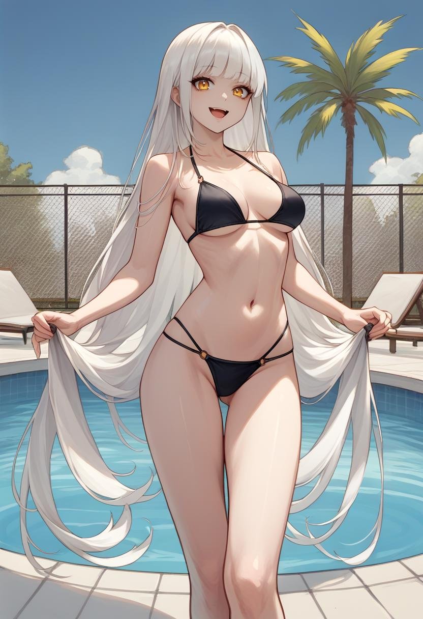 score_9, score_8_up, score_7_up, source_anime BREAK 1girl, solo, <lora:blanc-nikke-richy-v1_pdxl:1> blancrnd, white hair, very long hair, yellow eyes, breasts, hair intakes, bangs, bikini, poolside, standing, long legs, smile, looking at viewer, open mouth