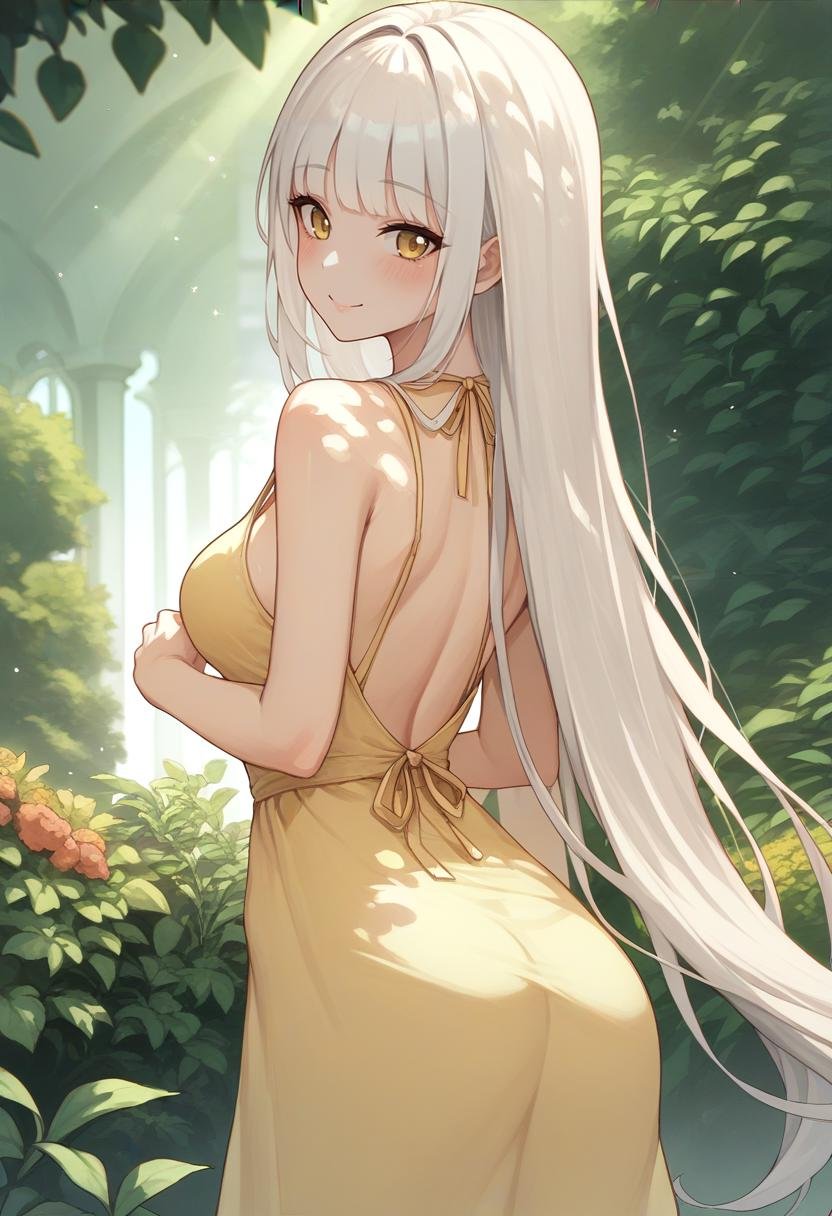 score_9, score_8_up, score_7_up, source_anime BREAK 1girl, solo, <lora:blanc-nikke-richy-v1_pdxl:0.8> blancrnd, white hair, very long hair, yellow eyes, breasts, standing, blush, smile, hair intakes, bangs, garden, serene, beautiful, yellow sundress, sunbeam, dappled sunlight, outdoors, looking back, from behind, looking at viewer