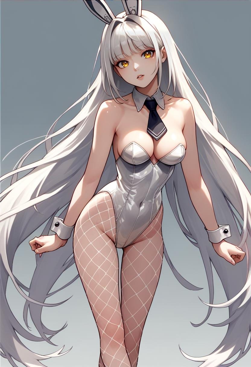 score_9, score_8_up, score_7_up, source_anime BREAK 1girl, solo, <lora:blanc-nikke-richy-v1_pdxl:0.8> blancdef, white hair, very long hair, fake animal ears, yellow eyes, playboy bunny, detached collar, short necktie, white leotard, cleavage, fishnets, wrist cuffs, breasts, standing, long legs, looking at viewer, parted lips, arms at sides