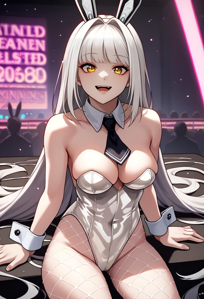 score_9, score_8_up, score_7_up, source_anime BREAK 1girl, solo, <lora:blanc-nikke-richy-v1_pdxl:1> blancdef, white hair, very long hair, fake animal ears, yellow eyes, playboy bunny, detached collar, short necktie, white leotard, cleavage, fishnets, wrist cuffs, breasts, leaning back, night club, rave, black light, body paint, glowing, dark, darkness, indoors, smile, open mouth, cowboy shot, thighs