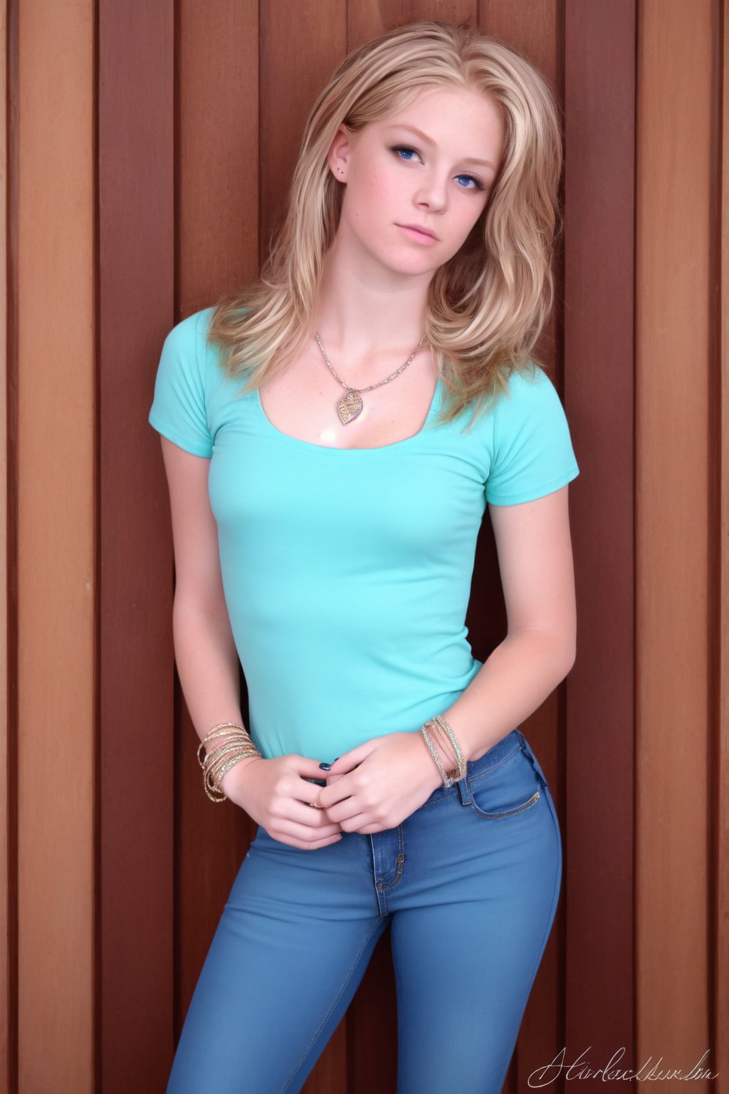 1girl, solo, long hair, looking at viewer, blonde hair, shirt, jewelry, short sleeves, cowboy shot, pants, bracelet, own hands together, blue shirt, denim, jeans, aqua shirt

