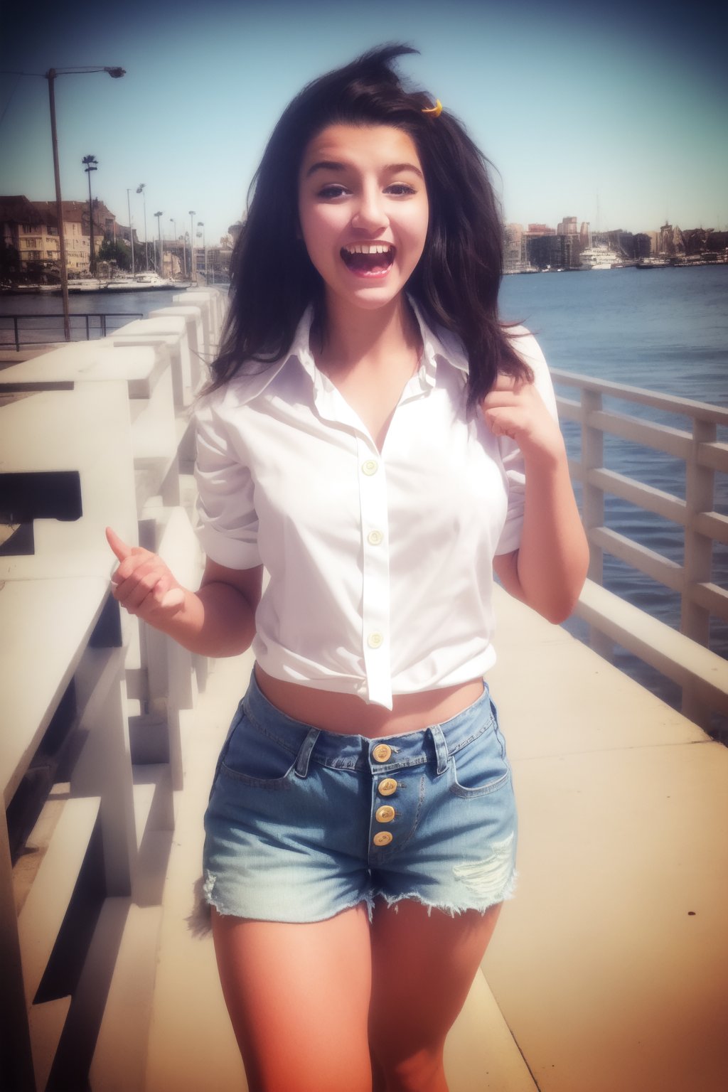 (masterpiece:1.1), (highest quality:1.1), (HDR:1.0), 1girl, perfect body, laugh, open mouth, (wearing white button_shirt with yellow tie), cut off denim shorts:0.5, sneakers, attractive, stylish, designer, brown, asymmetrical, waterfront walkway, SAM YANG, Female, hmnc1, High detailed, full leg tattoos:1.5,retrobigguns, pastel color theme

,Tina