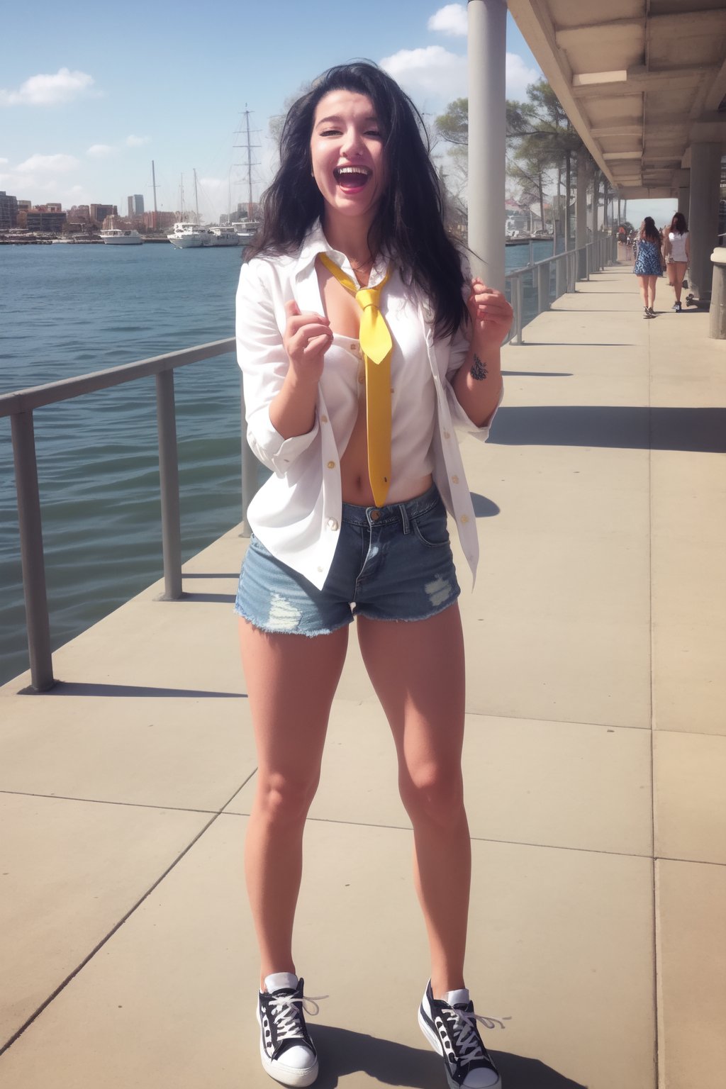 (masterpiece:1.1), (highest quality:1.1), (HDR:1.0), 1girl, perfect body, laugh, open mouth, (wearing white button_shirt with yellow tie), cut off denim shorts:0.5, sneakers, attractive, stylish, designer, black, asymmetrical, waterfront walkway, SAM YANG, Female, hmnc1, High detailed, full leg tattoos:1.5,retrobigguns, pastel color theme

,Tina