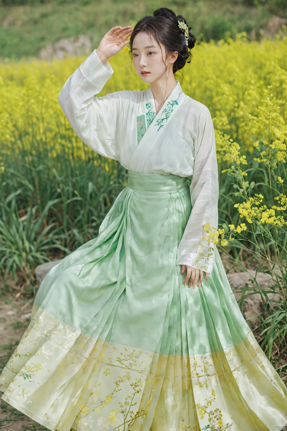  Enhanced, masterpiece, 16K, girl, Solo, Flower Field, rape flower, (\meng ze\), yue , hair ornament , hanfu,(big breasts:1.59), ming_hanfu,mmq_hanfu