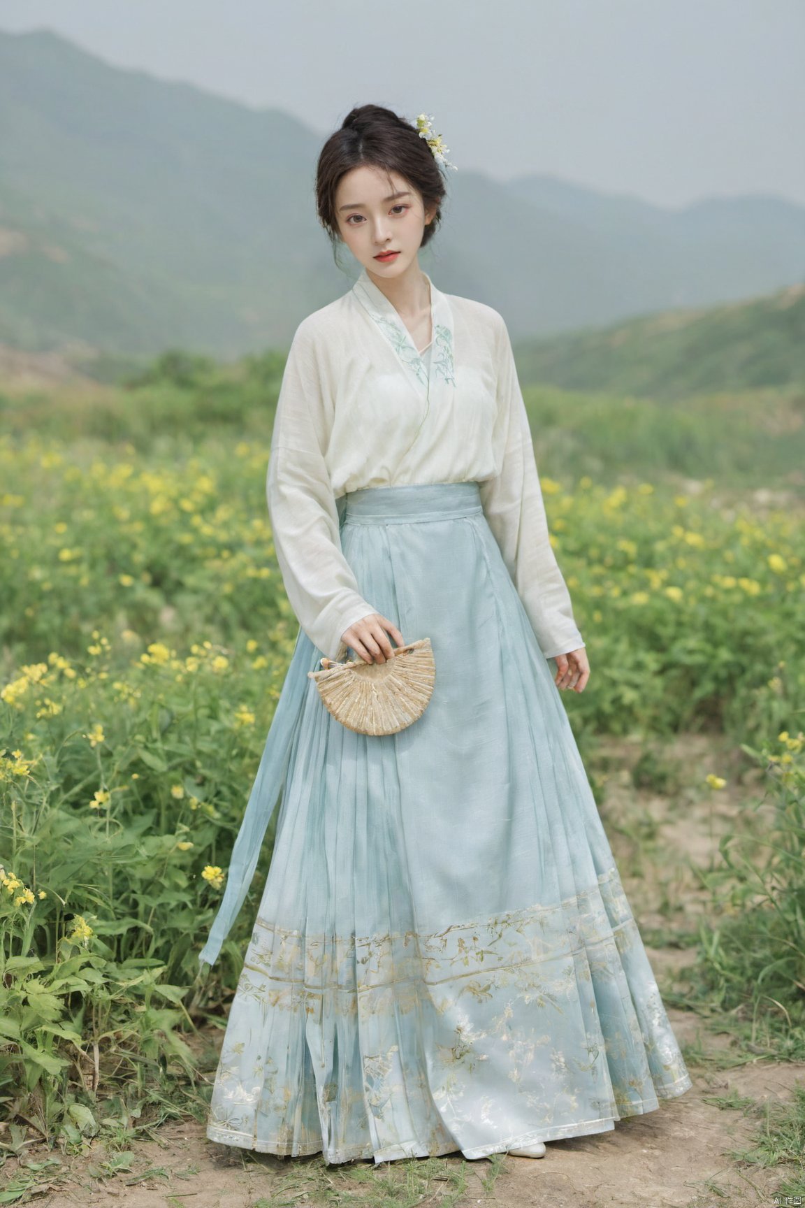  Enhanced, masterpiece, 16K, girl, Solo, Flower Field, rape flower, (\meng ze\), yue , hair ornament , hanfu,(big breasts:1.59), ming_hanfu,mmq_hanfu