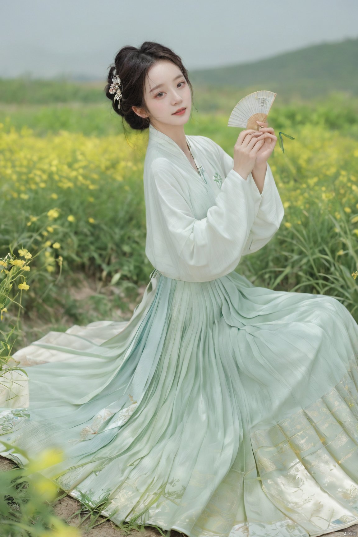  Enhanced, masterpiece, 16K, girl, Solo, Flower Field, rape flower, (\meng ze\), yue , hair ornament , hanfu,(big breasts:1.59), ming_hanfu,mmq_hanfu