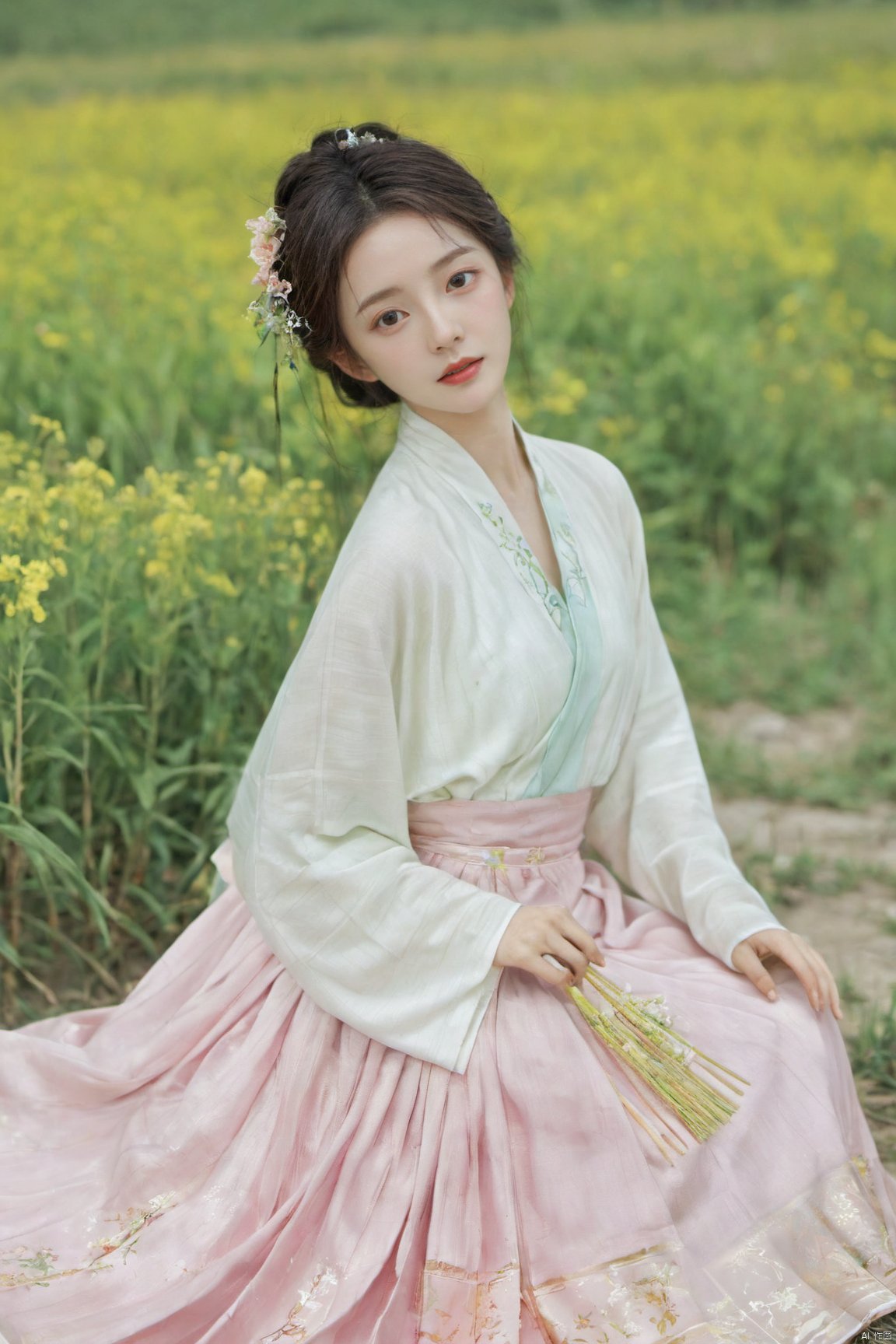  Enhanced, masterpiece, 16K, girl, Solo, Flower Field, rape flower, (\meng ze\), yue , hair ornament , hanfu,(big breasts:1.59), ming_hanfu,mmq_hanfu