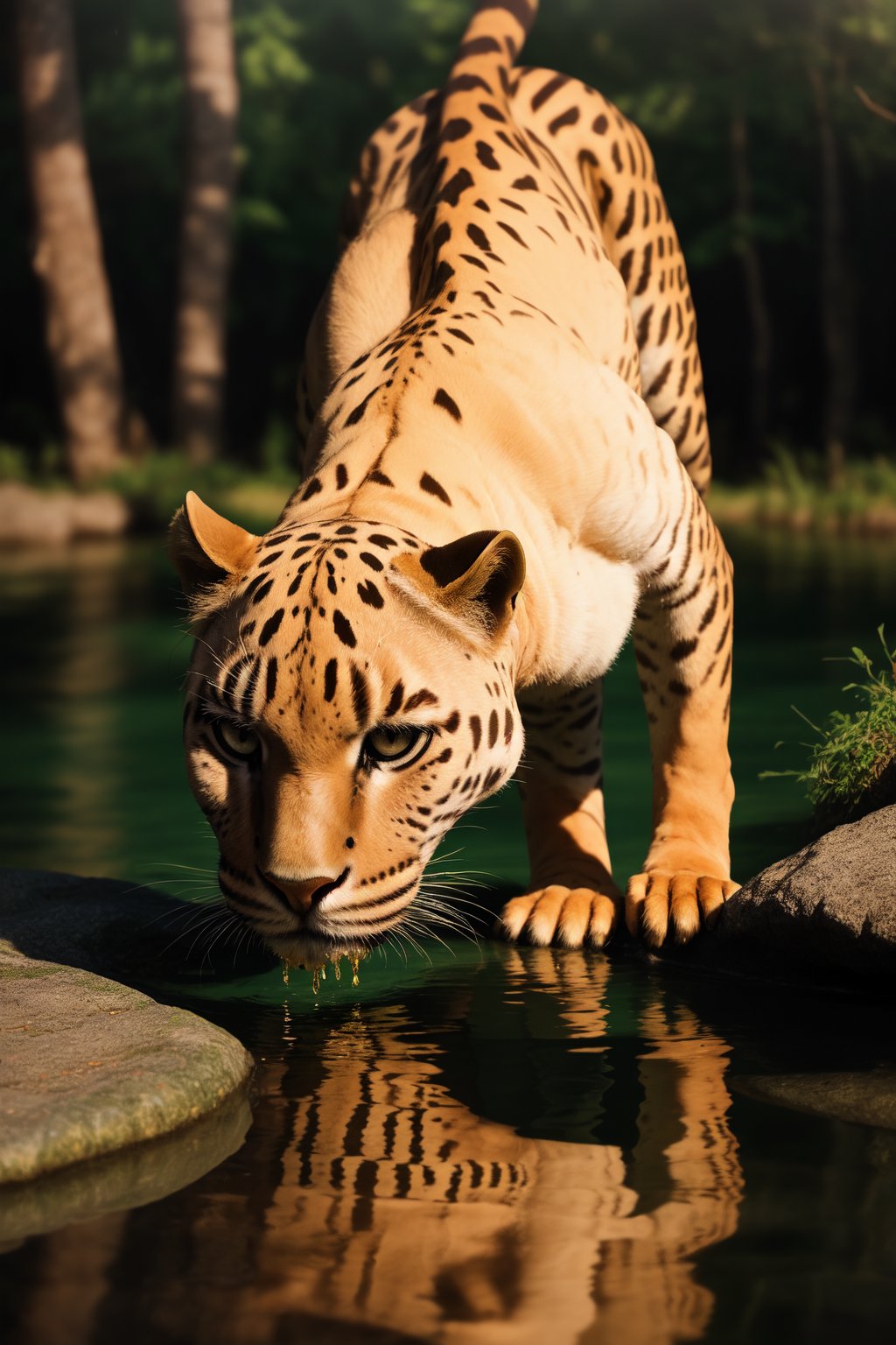 (best quality, masterpiece, ultra-detailed, 32k:1.2), wildlife photography editorial, a gold panther drinking from a river, crystal clear water, vivid reflections, looking at the photographer, natural light, glittery