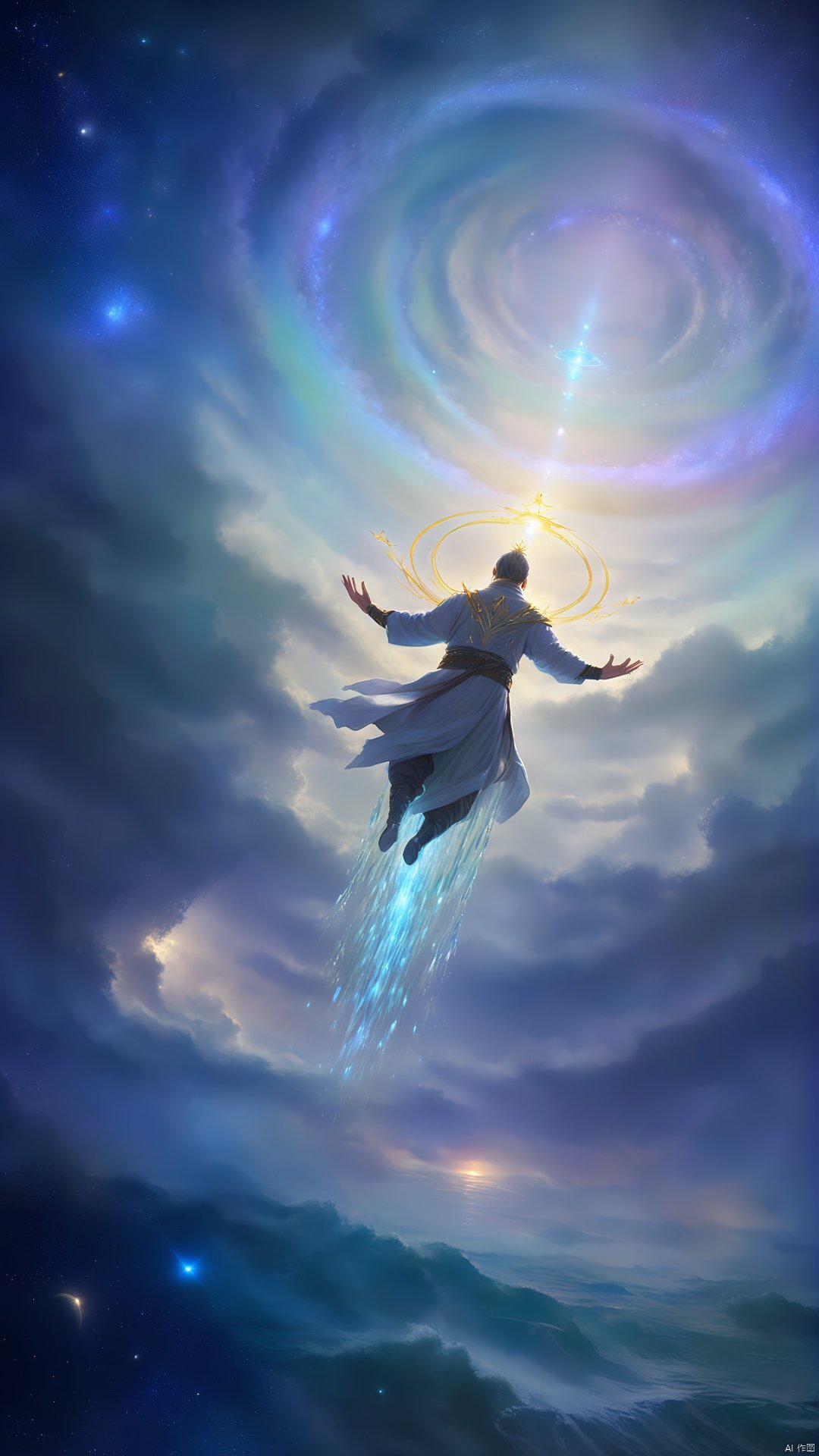 (Chinese fantasy style: 1.5) (Complex details) (Advanced color) (Sci-fi concept light) (Hyper-realistic thick painting) In the interstellar void, a fairy wearing a white robe floats lightly on the sea of stars. Starlight shone on him, making him look like a fairy from the universe. His eyes were deep and persevering, and the clouds were flowing like the Milky Way flowing around him, carrying the roar of the breeze. The heavenly cultivator smiled and waved his sleeves, and the gorgeous magic halo spurted out, like ripples of water, and the vast star sea energy galloped freely in his hands.