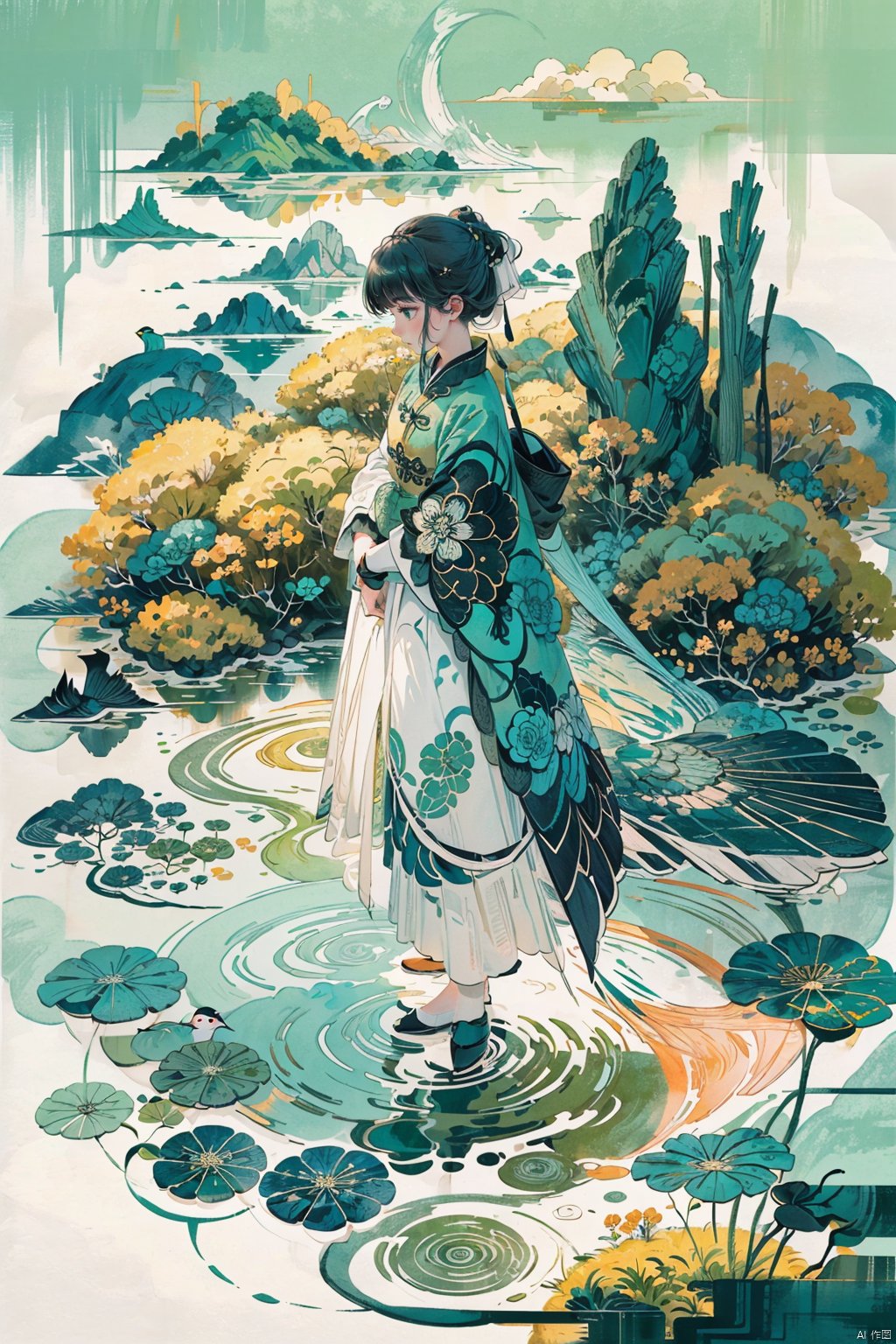  The spring water is clear and transparent, with ripples on the surface of the bluegreen lake. The grassy shore reflects a light green under sunlight.
break
 (1girl:1.36) stands in it wearing white . Top view angle, high resolution photography, bird's eye view, in the style of Chinese landscape painting, large scene, natural scenery, high definition photography,