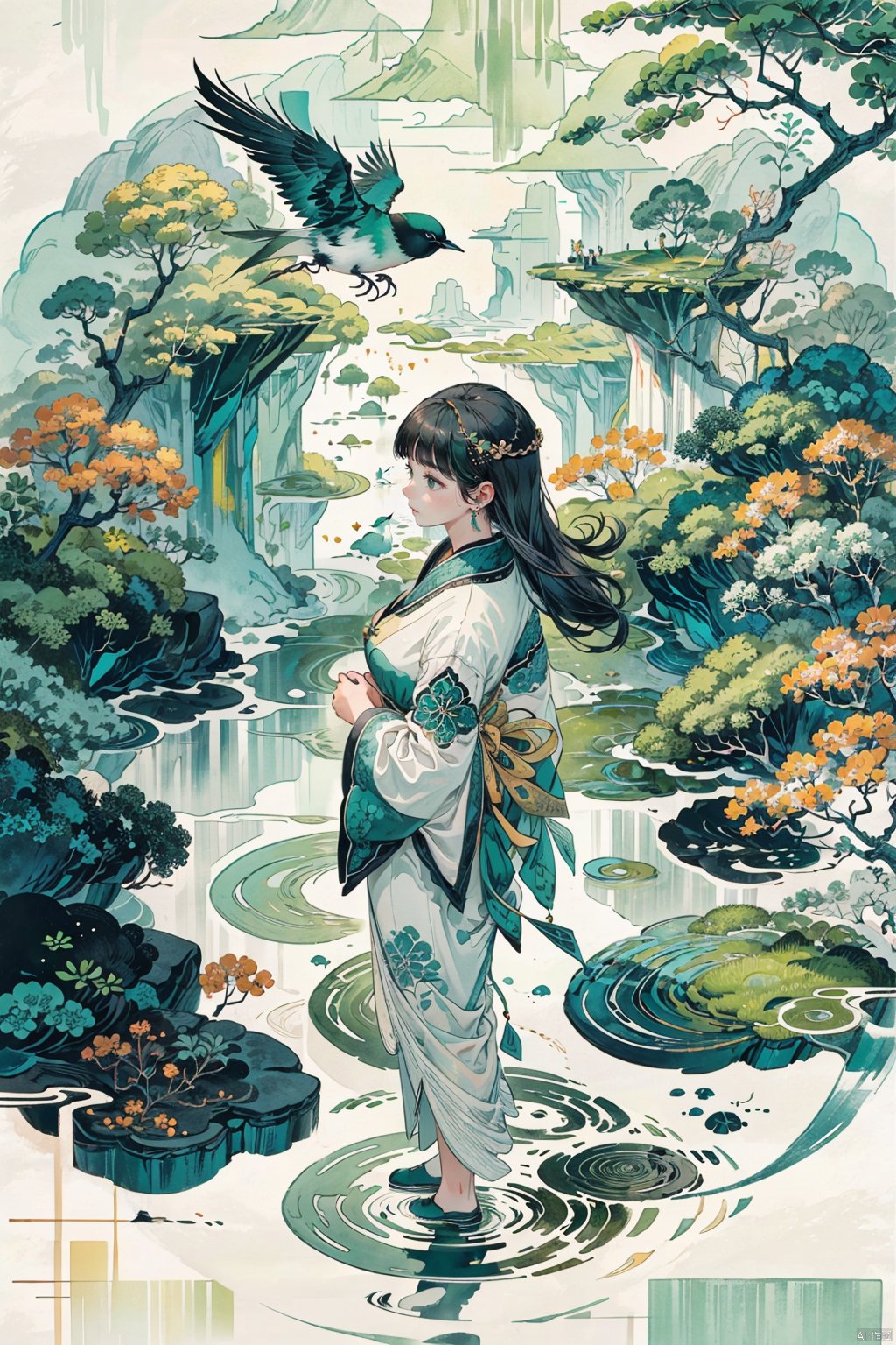  The spring water is clear and transparent, with ripples on the surface of the bluegreen lake. The grassy shore reflects a light green under sunlight.
break
 (1girl:1.36) stands in it wearing white . Top view angle, high resolution photography, bird's eye view, in the style of Chinese landscape painting, large scene, natural scenery, high definition photography,