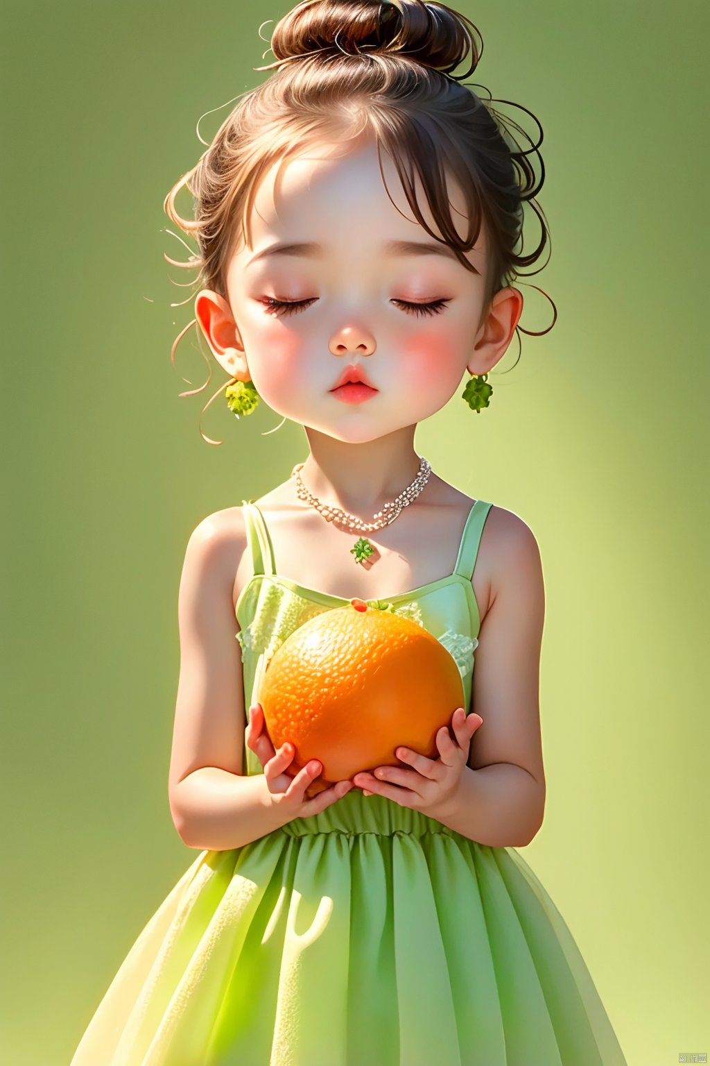 1girl, solo, bangs, black hair, dress, holding, bare shoulders, jewelry, closed mouth, closed eyes, upper body, flower, earrings, sleeveless, indoors, necklace, hair bun, eyelashes, double bun, sleeveless dress, own hands together in prayer, child,  Light green dress, facing viewer, pink flower, holding oranges, female child, Orange,green clean background