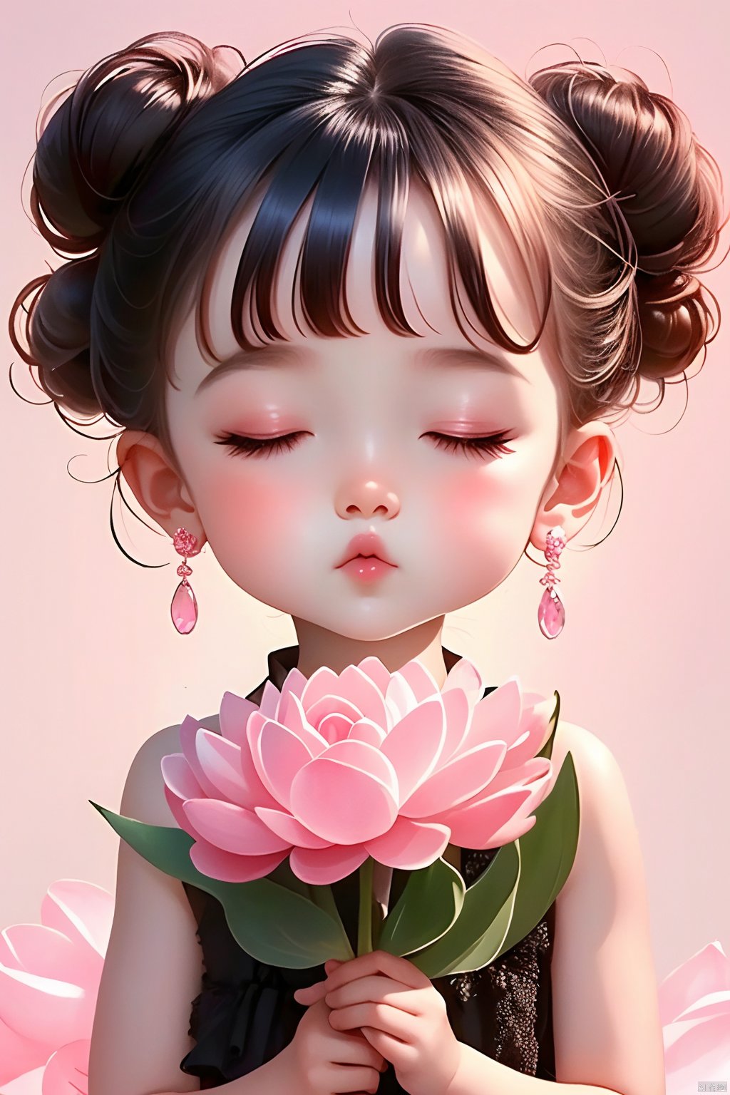 1girl, solo, bangs, black hair, dress, holding, bare shoulders, jewelry, closed mouth, closed eyes, upper body, flower, earrings, sleeveless, indoors, necklace, hair bun, eyelashes, double bun, sleeveless dress, own hands together, child, pink dress, facing viewer, pink flower, holding flower, female child, lotus,pink clean background