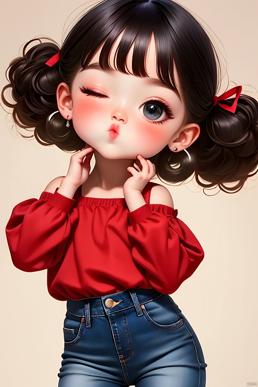 1girl, solo, blush, short hair, bangs, shirt, black hair, long sleeves, ribbon, twintails, brown eyes, jewelry, hair ribbon, earrings, one eye closed, puffy sleeves, pants, blunt bangs, medium hair, off shoulder, black eyes, black pants, denim, red shirt, child, hand on own face, jeans, hand on own cheek, female child