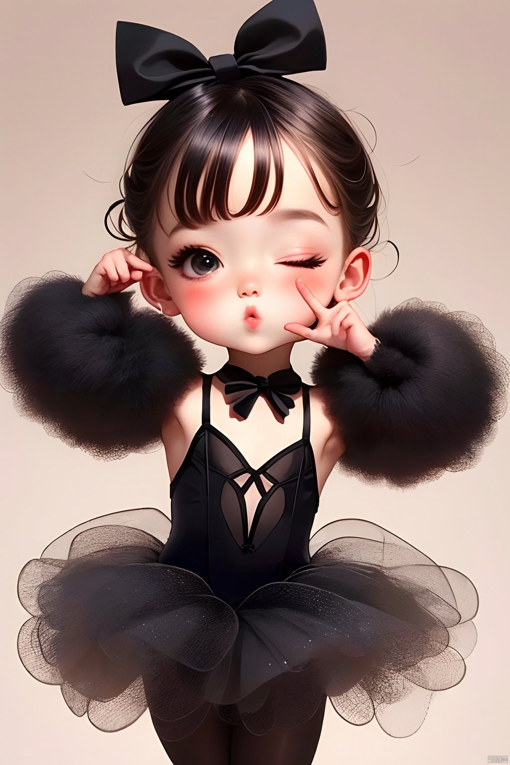 1girl, solo, blush, bangs, black hair, dress, bow, ribbon, hair bow, pantyhose, one eye closed, hair bun, black eyes, leotard, black pantyhose, double bun, child, ballerina, ballet, tutu