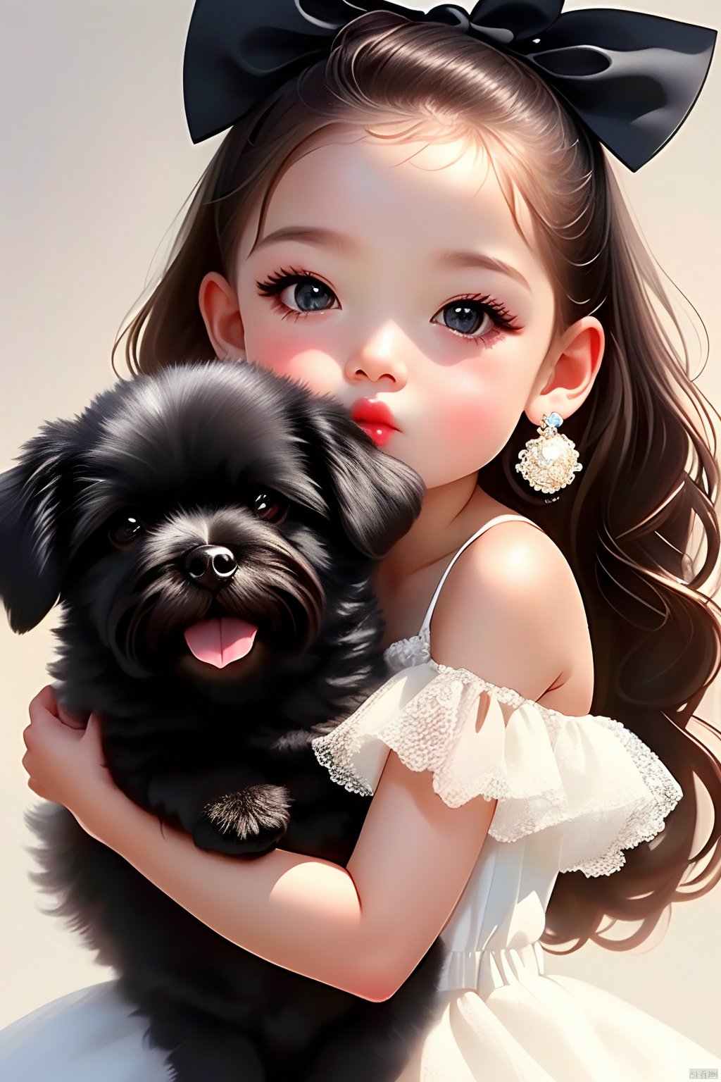 1girl, solo, long hair, looking at viewer, brown hair, black hair, dress, bow, ribbon, holding, bare shoulders, jewelry, hair bow, earrings, white dress, black eyes, lips, black bow, animal, child, forehead, dog, female child, holding animal