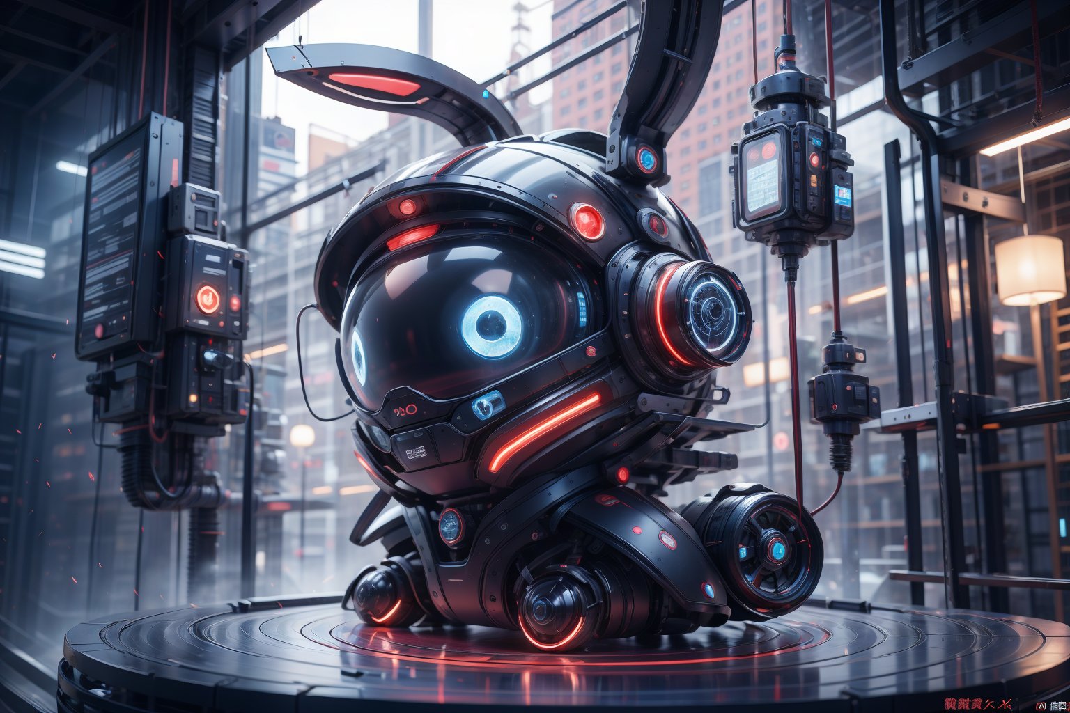  High quality, masterpiece, metal texture rabbit, high technology, precise structure, black, blue, red, glowing,