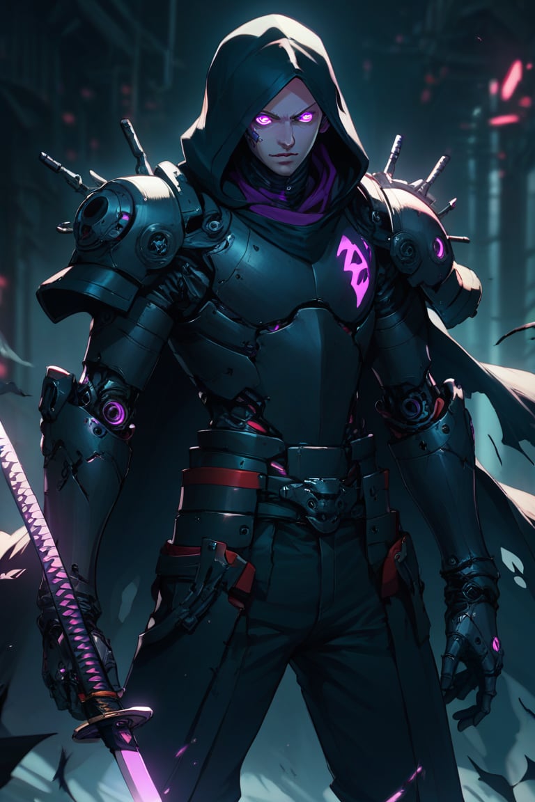 (score_9, score_8_up, score_7_up), solo, looking at viewer, 1boy, holding, standing, weapon, male focus, purple eyes, holding weapon, armor, torn clothes, glowing, holding sword, katana, science fiction, sheathed, shoulder armor, gauntlets, glowing eyes, cloak, hood up, pauldrons, cyborg skull, fantasy, glowing eye, cyborg, glowing weapon, undead, 1990s \(style\), dim lighting, blurry background, vintage, noir, manga,