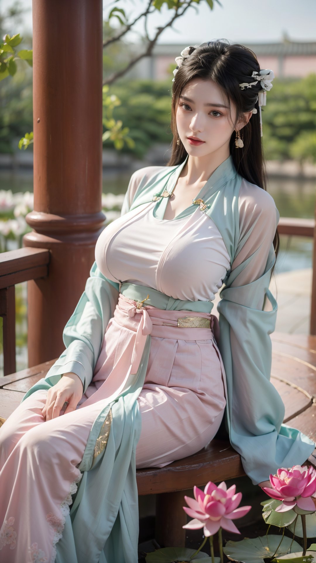  (1girl:1.1), (Lace pink-green skirt:1.39), on Stomach,aqua_earrings,Lights, lanterns, chang,(big breasts:1.56),hanfu, Best quality, Realistic, photorealistic, masterpiece, extremely detailed CG unity 8k wallpaper, best illumination, best shadow, huge filesize ,(huge breasts:1.59) incredibly absurdres, absurdres, looking at viewer, transparent, smog, gauze, vase, petals, room, ancient Chinese style, detailed background, wide shot background,
(((black hair))),(Sitting on the lotus pond porch:1.49) ,(A pond full of pink lotus flowers:1.5),close up of 1girl,Hairpins,hair ornament,hair wings,slim,narrow waist,perfect eyes,beautiful perfect face,pleasant smile,perfect female figure,detailed skin,charming,alluring,seductive,erotic,enchanting,delicate pattern,detailed complex and rich exquisite clothing detail,delicate intricate fabrics,
Morning Serenade In the gentle morning glow, (a woman in a pink lotus-patterned Hanfu stands in an indoor courtyard:1.36),(Chinese traditional dragon and phoenix embroidered Hanfu:1.3), admiring the tranquil garden scenery. The lotus-patterned Hanfu, embellished with silver-thread embroidery, is softly illuminated by the morning light. The light mint green Hanfu imparts a sense of calm and freshness, adorned with delicate lotus patterns, with a blurred background to enhance the peaceful atmosphere, song_hanfu, tang_hanfu