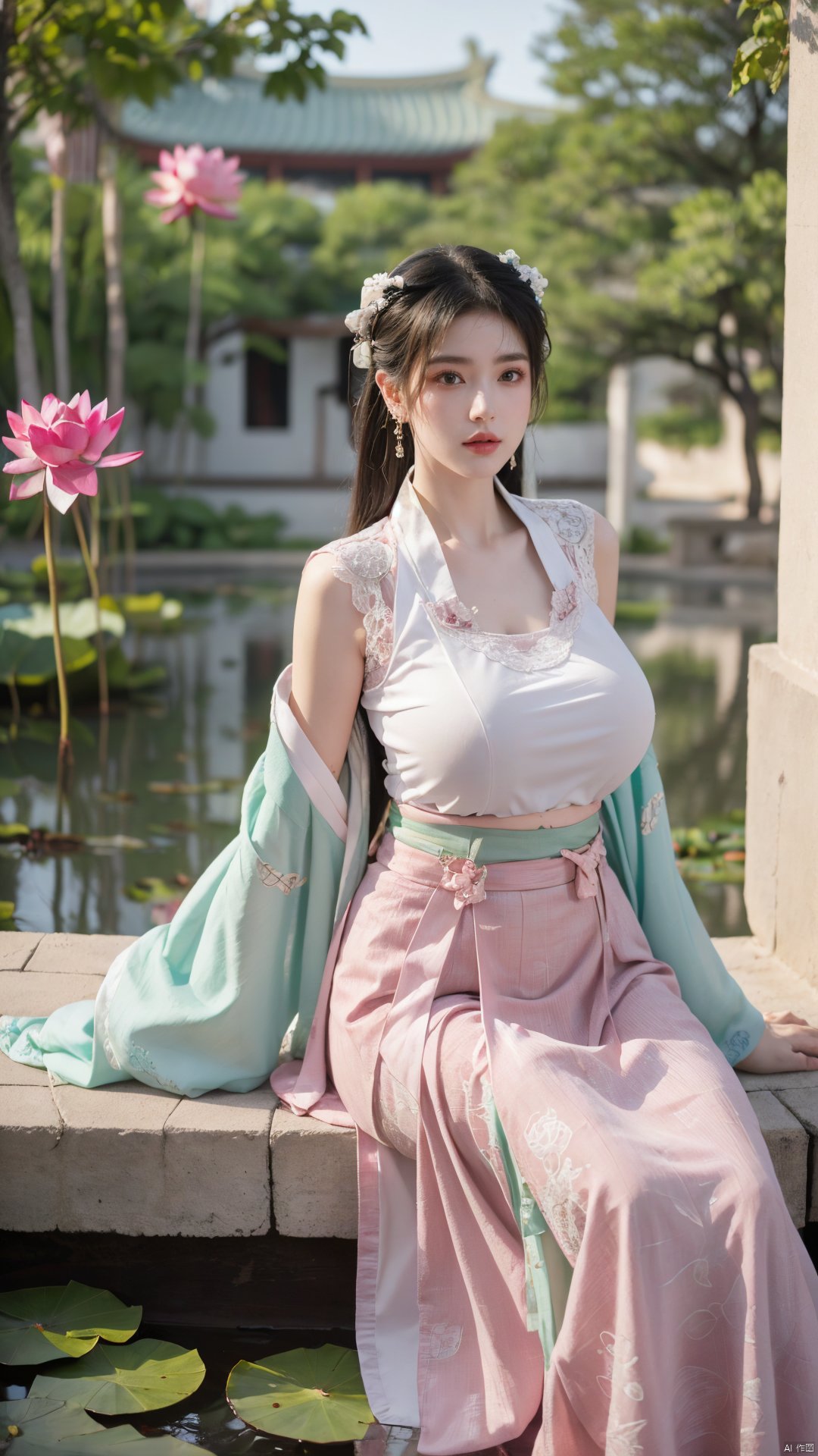  (1girl:1.1), (Lace pink-green skirt:1.39), on Stomach,aqua_earrings,Lights, lanterns, chang,(big breasts:1.56),hanfu, Best quality, Realistic, photorealistic, masterpiece, extremely detailed CG unity 8k wallpaper, best illumination, best shadow, huge filesize ,(huge breasts:1.59) incredibly absurdres, absurdres, looking at viewer, transparent, smog, gauze, vase, petals, room, ancient Chinese style, detailed background, wide shot background,
(((black hair))),(Sitting on the lotus pond porch:1.49) ,(A pond full of pink lotus flowers:1.5),close up of 1girl,Hairpins,hair ornament,hair wings,slim,narrow waist,perfect eyes,beautiful perfect face,pleasant smile,perfect female figure,detailed skin,charming,alluring,seductive,erotic,enchanting,delicate pattern,detailed complex and rich exquisite clothing detail,delicate intricate fabrics,
Morning Serenade In the gentle morning glow, (a woman in a pink lotus-patterned Hanfu stands in an indoor courtyard:1.36),(Chinese traditional dragon and phoenix embroidered Hanfu:1.3), admiring the tranquil garden scenery. The lotus-patterned Hanfu, embellished with silver-thread embroidery, is softly illuminated by the morning light. The light mint green Hanfu imparts a sense of calm and freshness, adorned with delicate lotus patterns, with a blurred background to enhance the peaceful atmosphere, song_hanfu, tang_hanfu