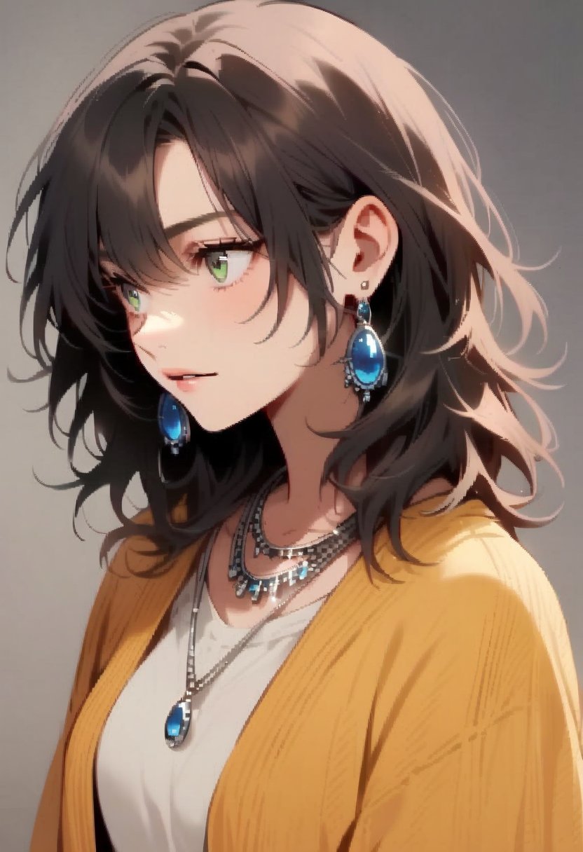 mullet hair, shullet, medium hair, a woman with a necklace and earrings on,mullet_hair