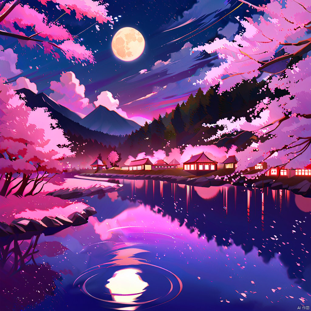 outdoors, sky, cloud, water, tree, no humans, night, moon, cherry blossoms, star \(sky\), nature, night sky, scenery, full moon, forest, reflection, mountain, landscape, lake