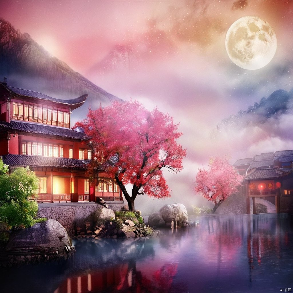 outdoors, sky, cloud, water, tree, no humans, moon, scenery, rock, mountain, architecture, east asian architecture, fog, red sky