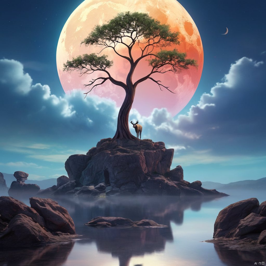 solo, outdoors, sky, cloud, water, tree, no humans, moon, skull, rock, bare tree