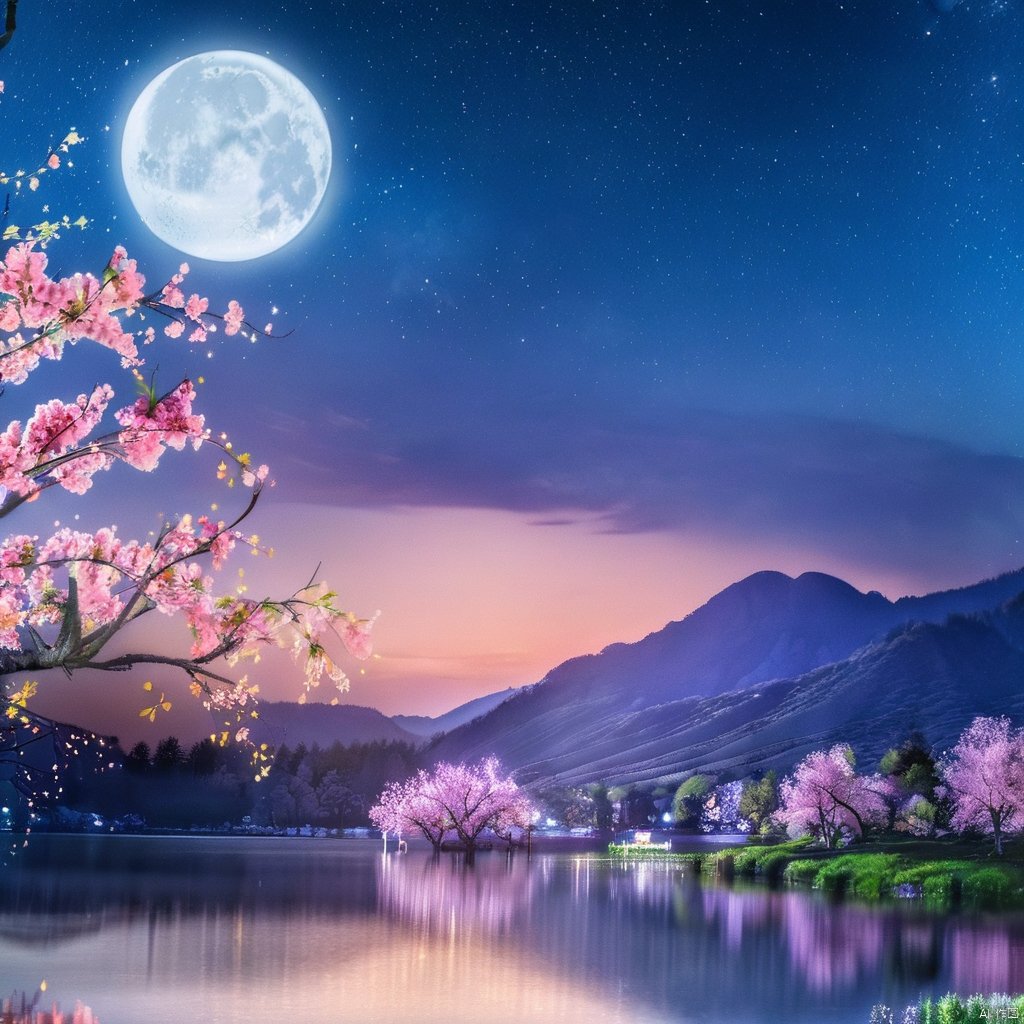  outdoors, sky, cloud, water, tree, no humans, night, moon, cherry blossoms, star \(sky\), nature, night sky, scenery, full moon, forest, reflection, mountain, landscape, lake