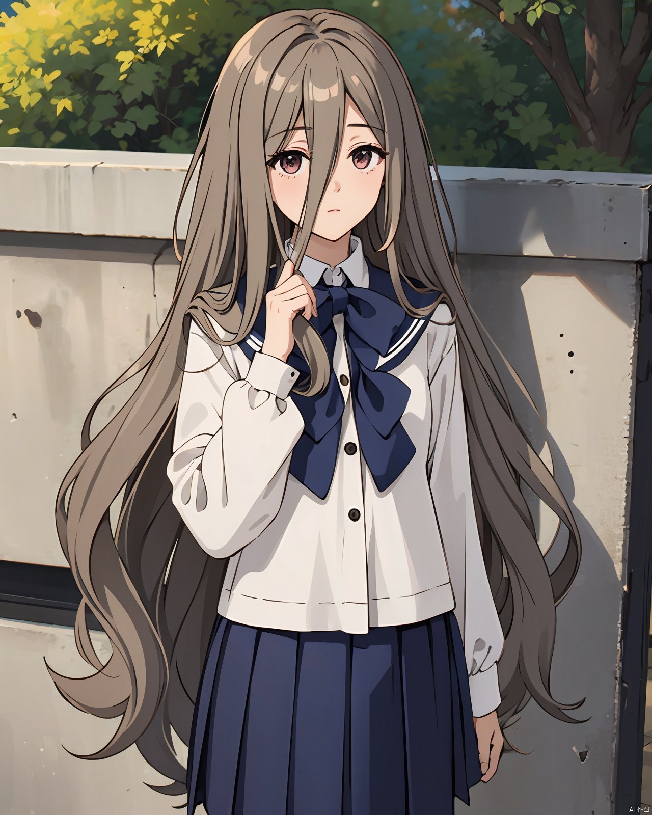  masterpiece,best quality,intricate detail,
1girl, very long hair,wavy hair, hair between eyes,hair tubes,school uniform, pleated skirt,
outdoors