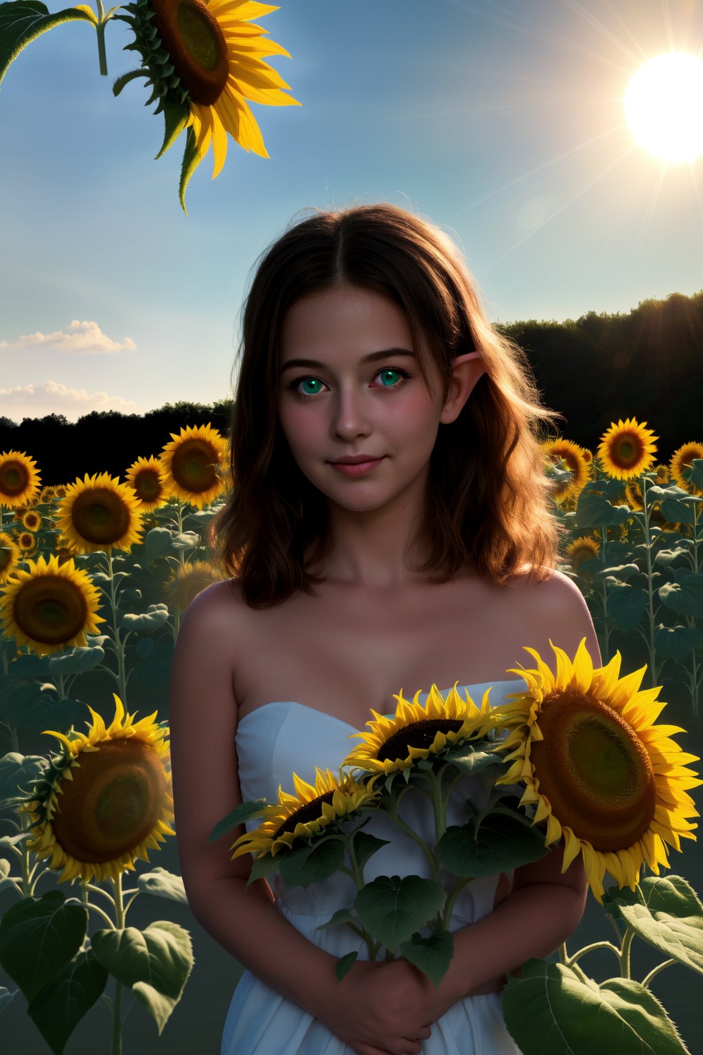 (masterpiece, best quality, highres:1.3), ultra resolution image, (1girl), (solo), kawaii, blonde hair, long flowing hair, elf, emerald eyes, gentle breeze, sunflowers, sunflower field, petal, sparkling magic, (soft sunlight:1.3), fantasy, nature accessories, happy