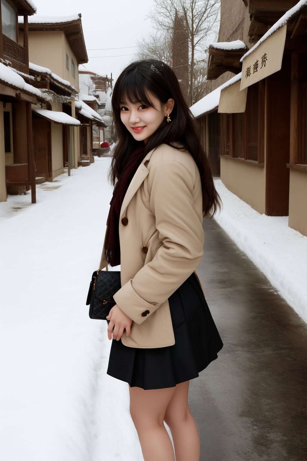 Beautiful and delicate light, (beautiful and delicate eyes), fair skin, brilliant smile, (brown eyes), (black long hair), dreamy and charming, medium build, woman 1, (front shot), Chinese girl, bangs, gentle expression, 170 cm tall, elegant and generous, bright smile, 8K art photos, realism, portrait, necklace, small earrings, handbag, fashion, shyness, skirt, winter cotton coat, scarf, snowy street, footprints, perfect.