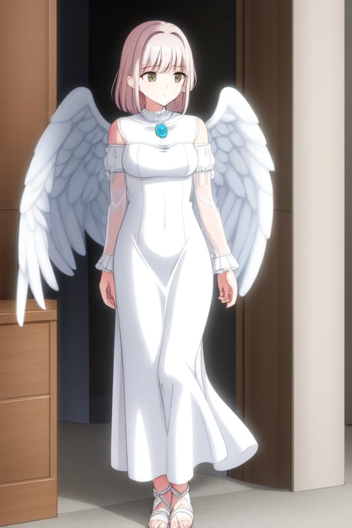 long white dress with ruffled sleeves and a blue brooch and white sandals, angel wings