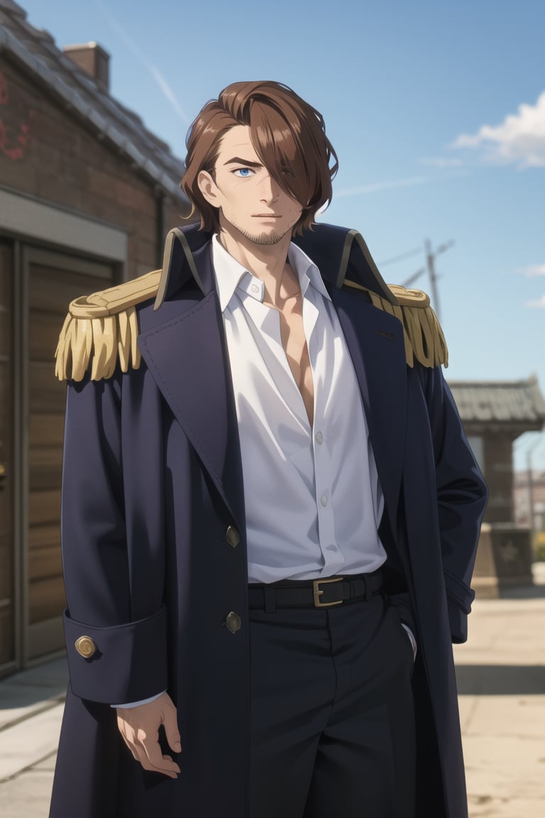 solo male, Graf Granat \(Frieren: Beyond Journey's End\), brown hair, hair parted to one side, facial hair, stubble, blue eyes, sanpaku, hair over one eye, white collared shirt, exposed shirt, black pants, matching boots. dark blue coat, open coat, (coat over shoulders), gold epaulettes, mature, handsome, charming, alluring, standing, upper body, perfect anatomy, perfect proportions, best quality, masterpiece, high_resolution, dutch angle, cowboy shot, photo background, palace
