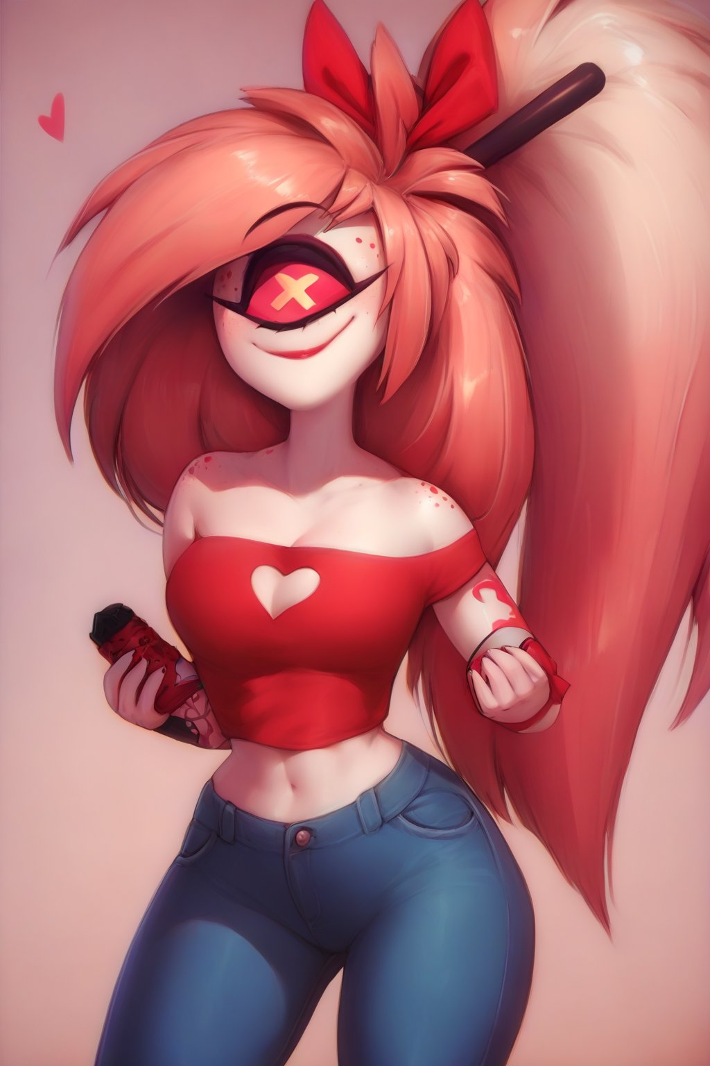 cherri, cyclops, red hair bow, solo, 1girl, standing, smile, heart cutout, closed mouth, BREAK score_9, score_8_up, score_7_up, score_6_up, (jeans),