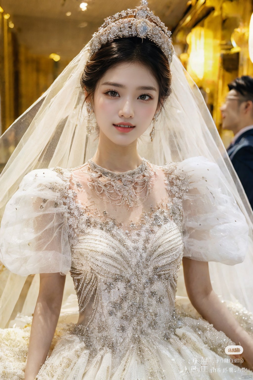  Ultra-clear 8k, real, night, smile, crown, necklace, perspective, hanger, nudity, diamonds, bridal veil, Golden wedding dress, 1 girl, wedding dress