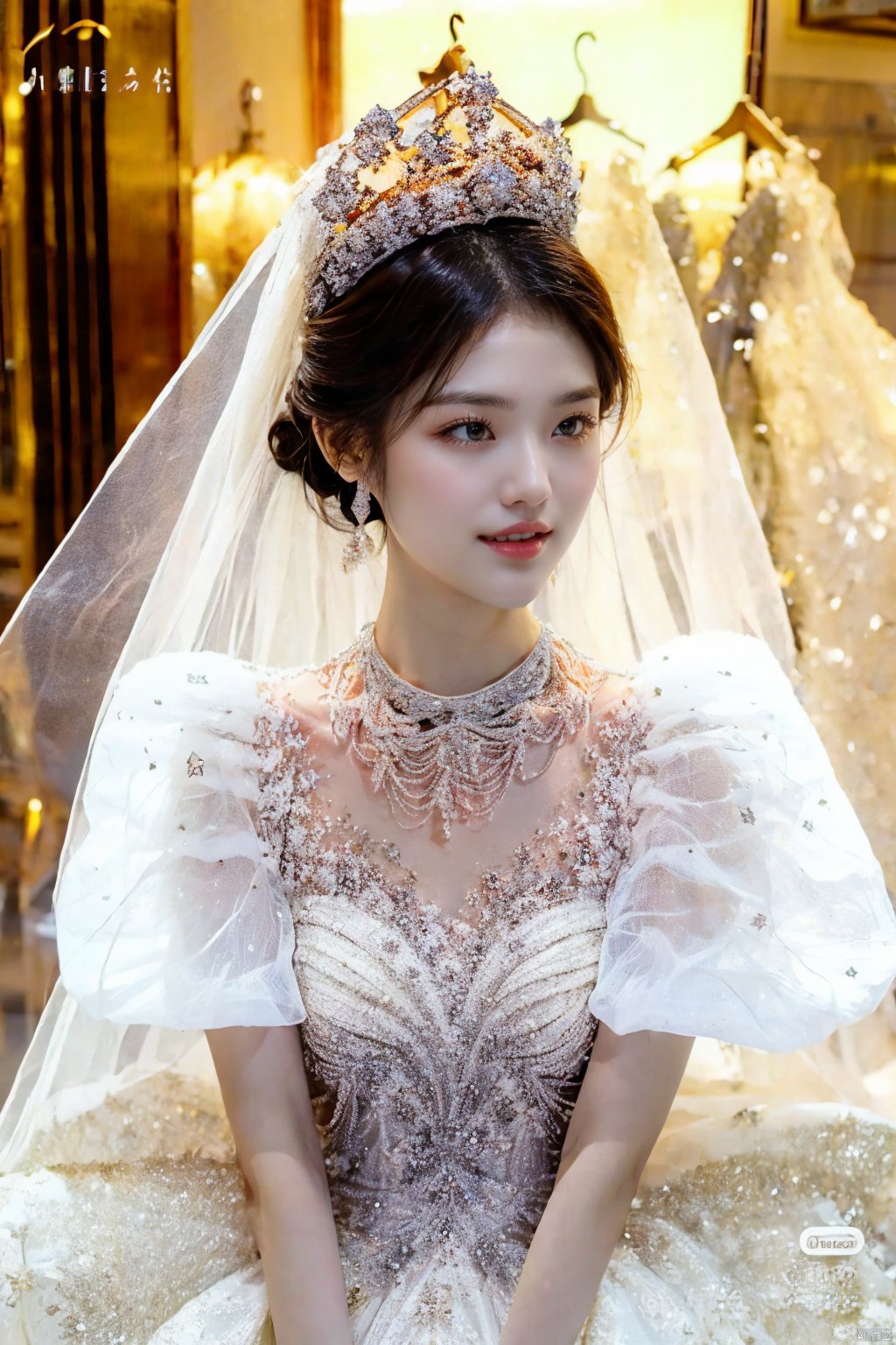  Ultra-clear 8k, real, night, smile, crown, necklace, perspective, hanger, nudity, diamonds, bridal veil, Golden wedding dress, 1 girl, wedding dress