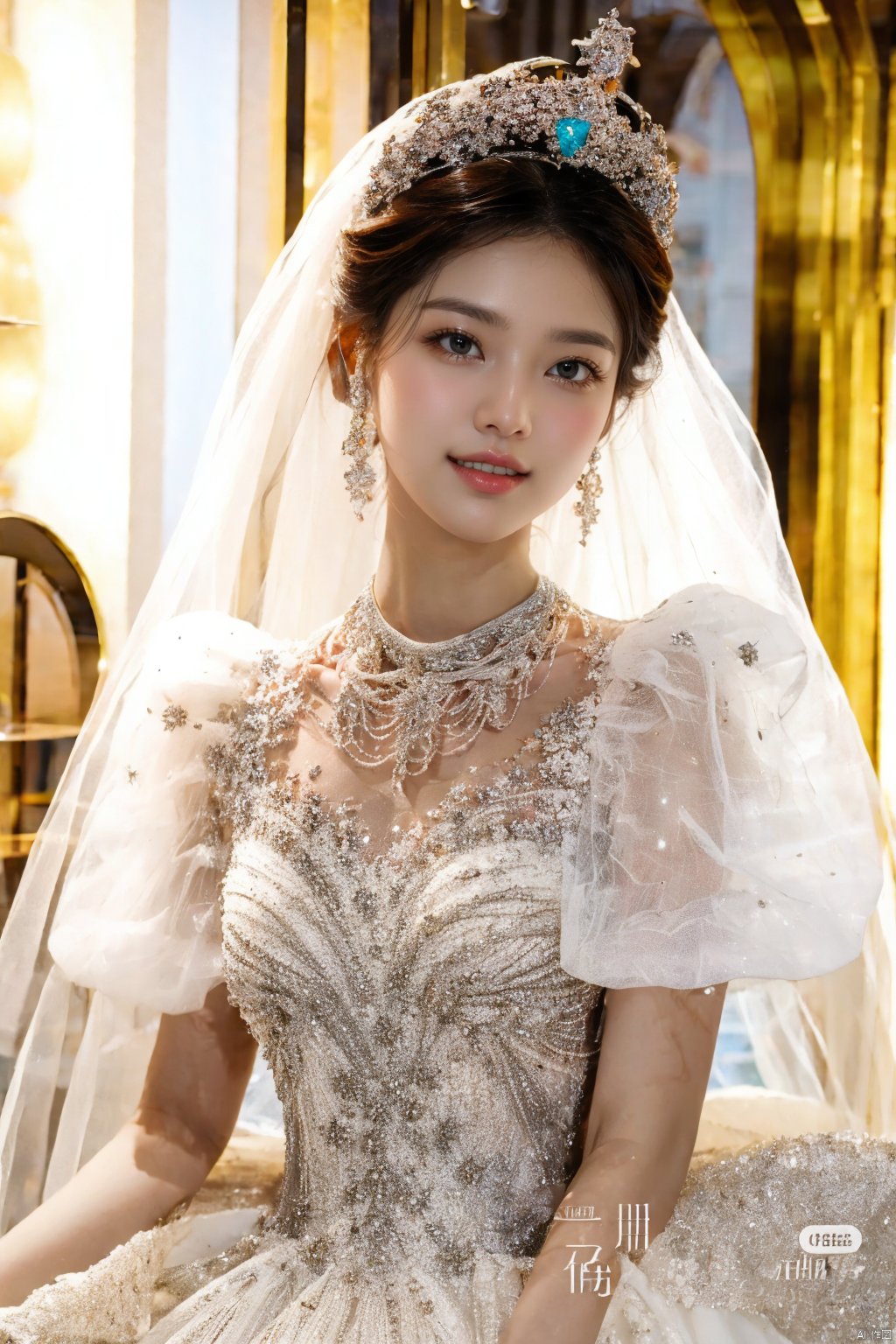  Ultra-clear 8k, real, night, smile, crown, necklace, perspective, hanger, nudity, diamonds, bridal veil, Golden wedding dress, 1 girl, wedding dress