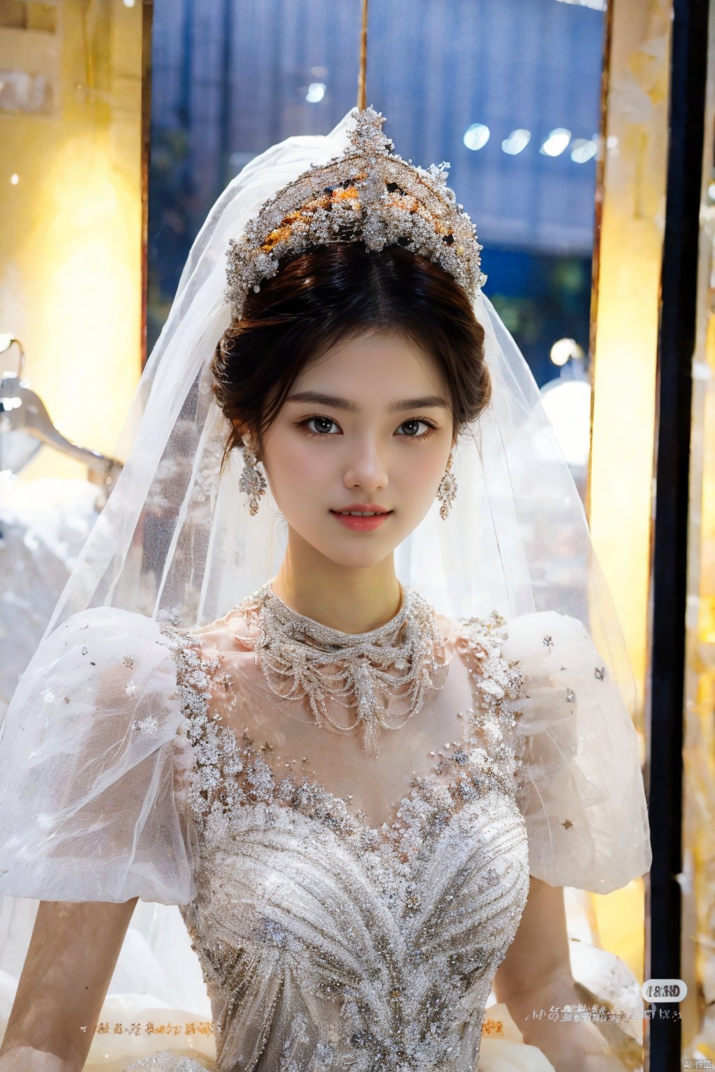  Ultra-clear 8k, real, night, smile, crown, necklace, perspective, hanger, nudity, diamonds, bridal veil, Golden wedding dress, 1 girl, wedding dress